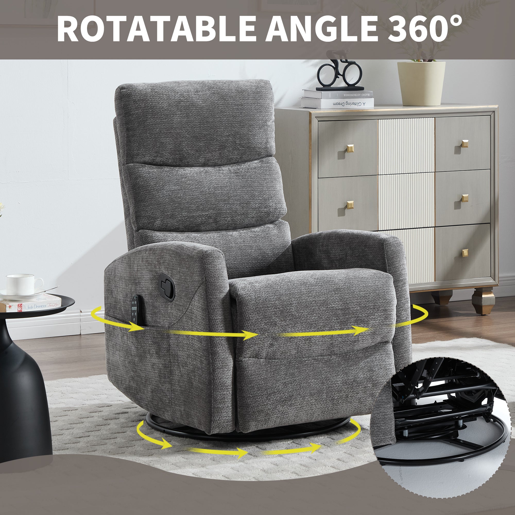 PAPROOS Recliner Chair with Massage and Heat, Fabric 360° Swivel Rocker Recliner, Rocking Chair for Nursery, Manual Recliner for Adults for Home Theater Living Room