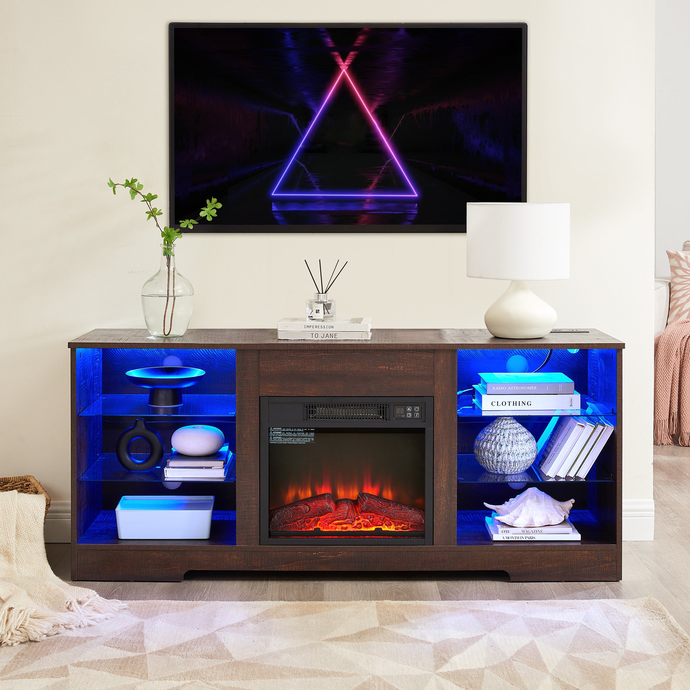 PAPROOS Fireplace TV Stand for 60" TV, Modern Entertainment Center with LED Light, Glass Shelves, 18" Fireplace, Charging Station, Wood Media Console TV Cabinet for Living Room, Espresso