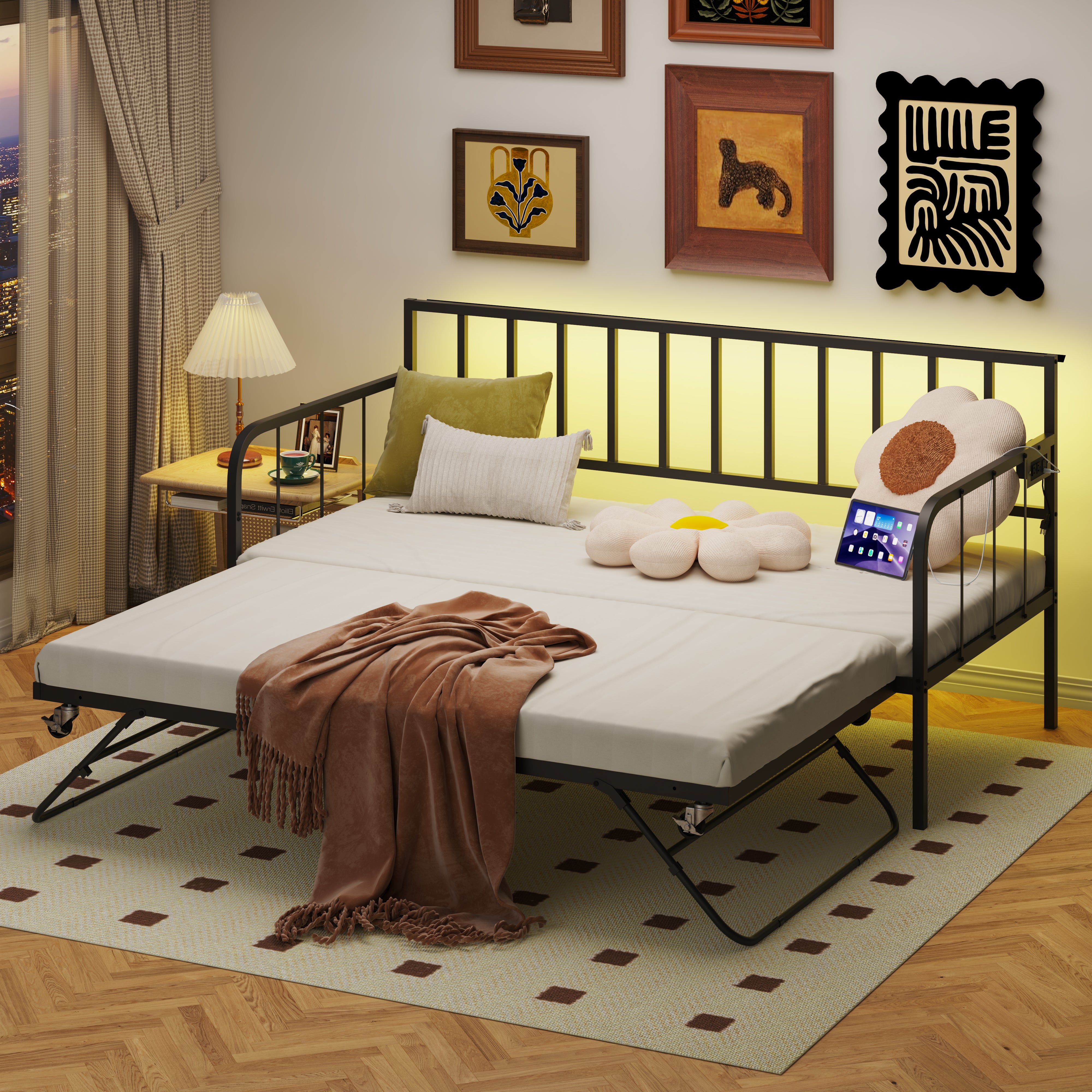 PORKISS Daybed with Trundle Bed and LED Light