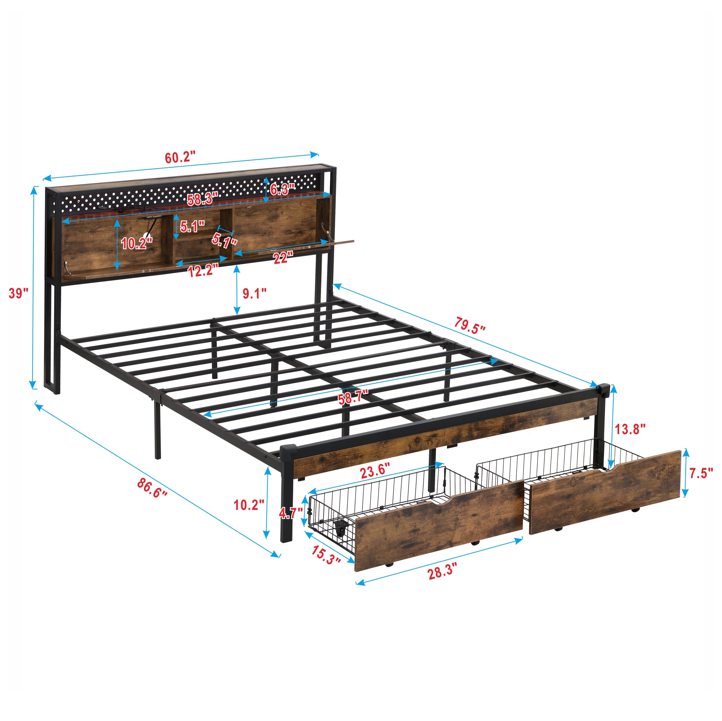 PAPROOS Full Size Bed Frame, Metal Platform Bed with Upholstered Storage Headboard, 2 drawers, Charging Station, Full Bed Frame with Metal Slats