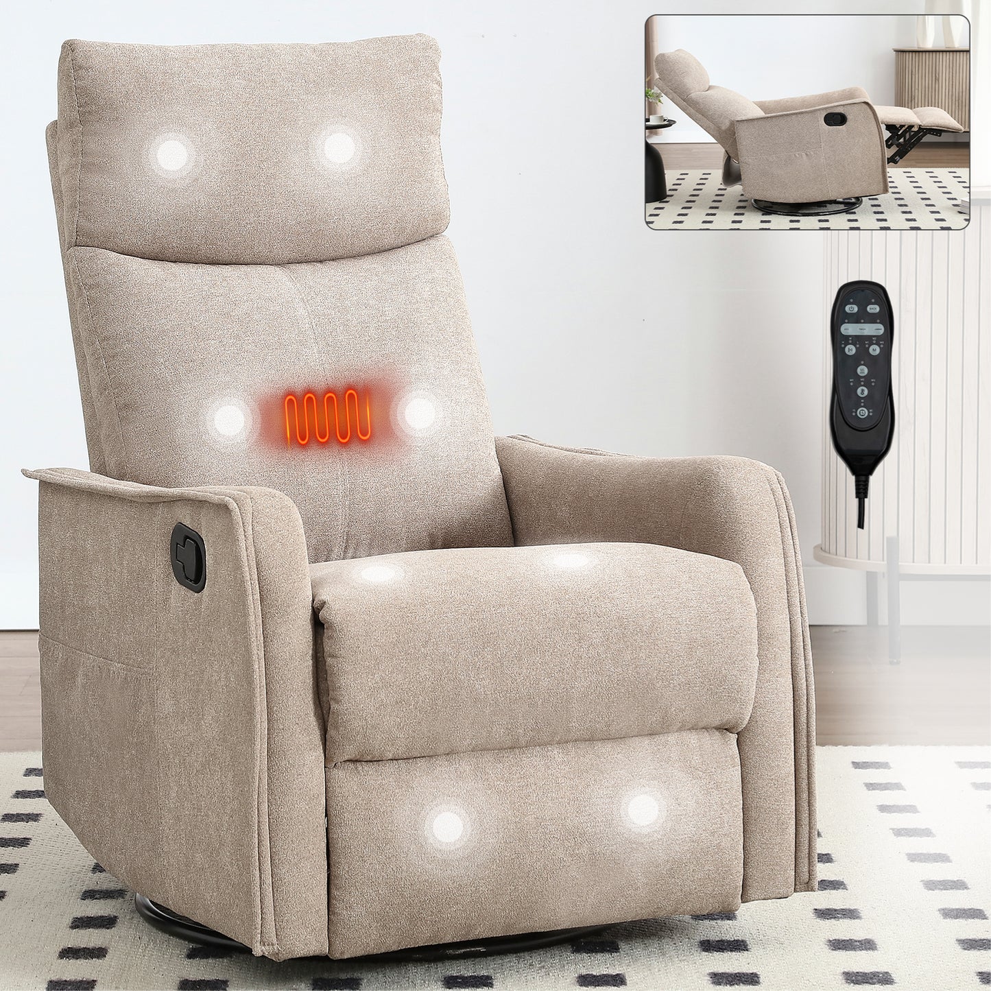 PAPROOS Heat Massage Recliner Chair, 360°Swivel Rocker Recliner Chair, Home Theater Recliner with 2 Side Pockets, Push Back Recliner, Nursery Chair for Bedroom, Living Room