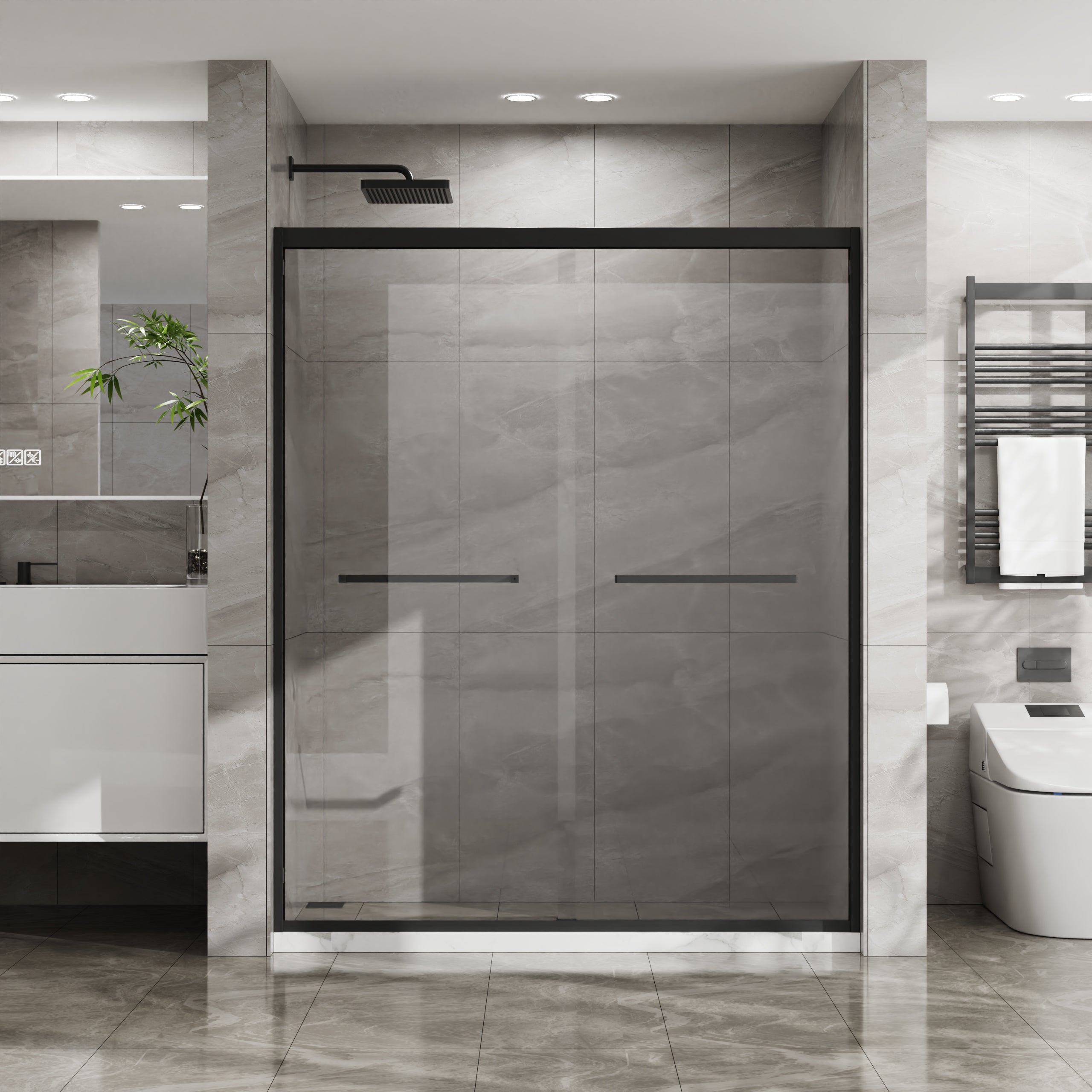 PAPROOS 56” - 60” W X 58” H Sliding Shower Door, 1/4" (6mm) Clear Tempered Glass Double Bathtub Door, Aluminum Frame, Modern Tub Door with Stainless Steel Handle, SGCC Certified, Matte Black