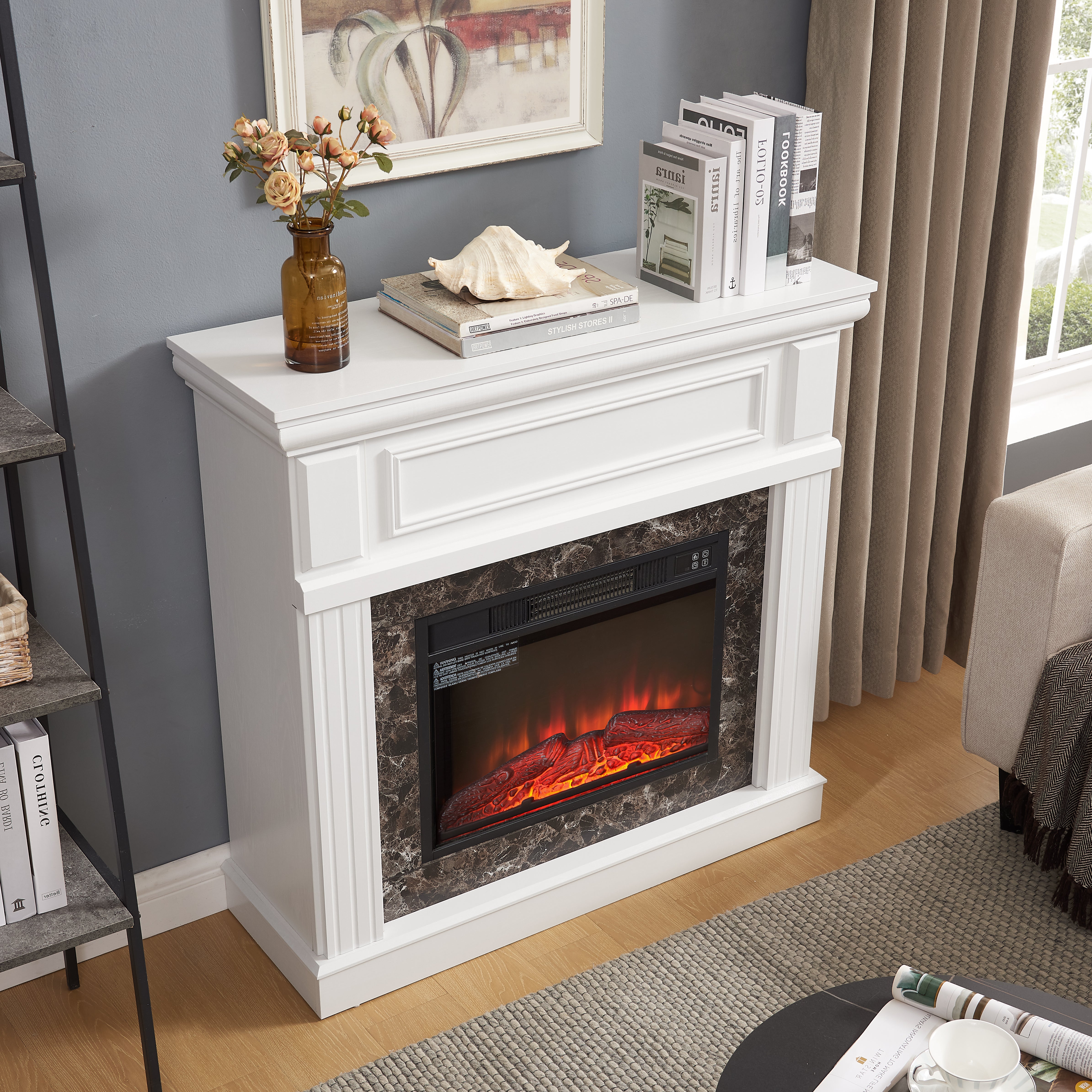 PAPROOS 41” Electric Fireplace with Mantel, Freestanding Electric Fireplace Heater with Remote Control, Adjustable Flame, Timer, Wooden Surround with Fireplace Insert for Living Room, 1400W, White