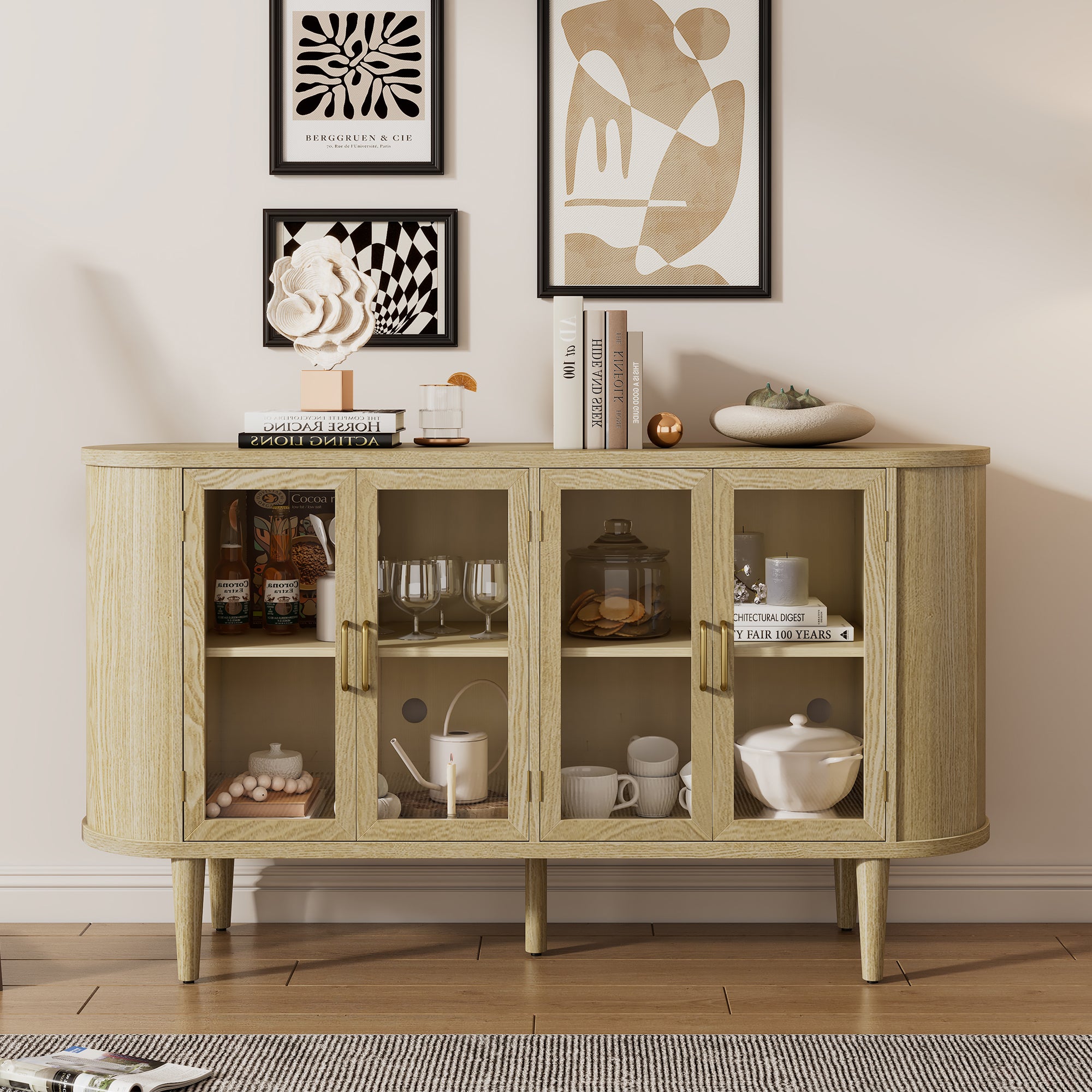 Paproos 60" Buffet Cabinet with Storage, Wooden Sideboard Buffet Cabinet with Glass Doors and Adjustable Shelves, Farmhouse Kitchen Sideboard Cabinet for Living Room, Hallway, Entryway, Natural