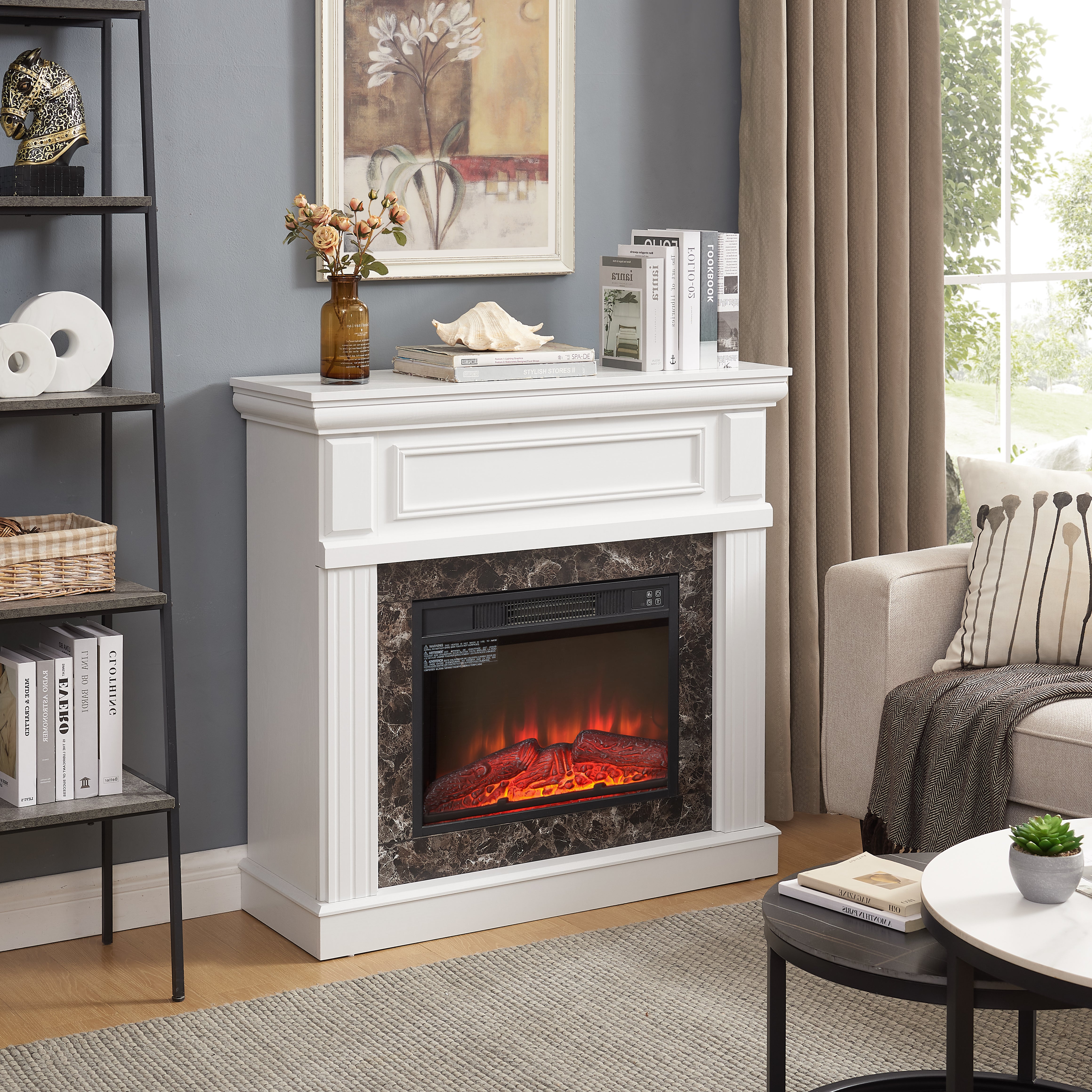 PAPROOS 41” Electric Fireplace with Mantel, Freestanding Electric Fireplace Heater with Remote Control, Adjustable Flame, Timer, Wooden Surround with Fireplace Insert for Living Room, 1400W, White