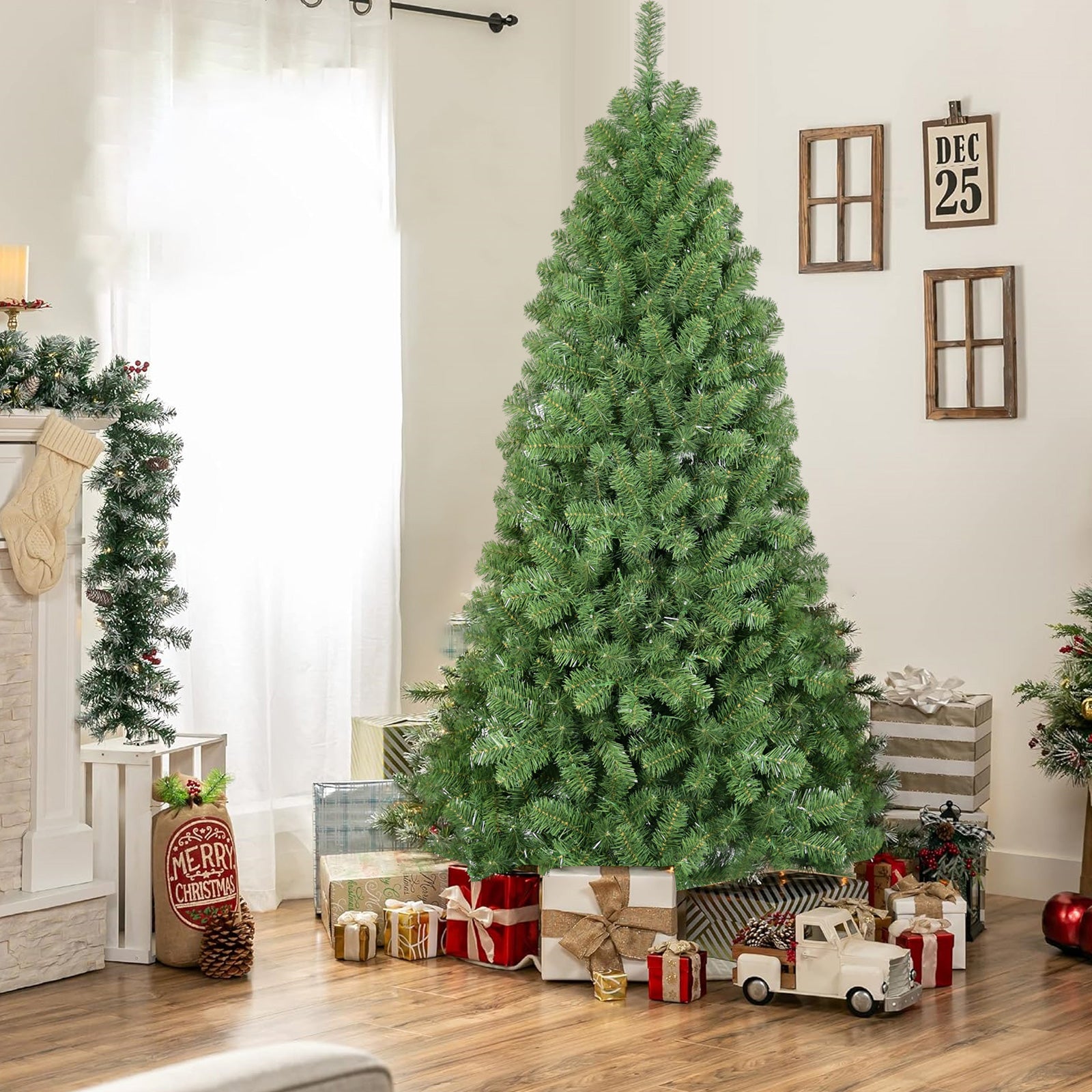 PAPROOS Christmas Tree, 6FT Hinged Artificial Christmas Tree with 760 Lush Tips, Unlit PVC Xmas Tress with Memory Wire, Metal Base, Easy Setup, Christmas Tree for Indoor Holiday Decor, Green