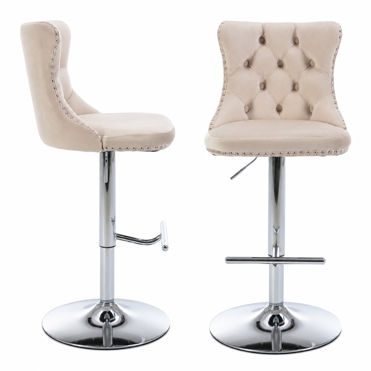 Swivel Bar Stools Set of 2, PAPROOS Adjustable Height Counter Height Bar Stools with Back, Velvet Dining Chair with Button Tufted & Nail Trim, Kitchen Chair for Kitchen Island Pub