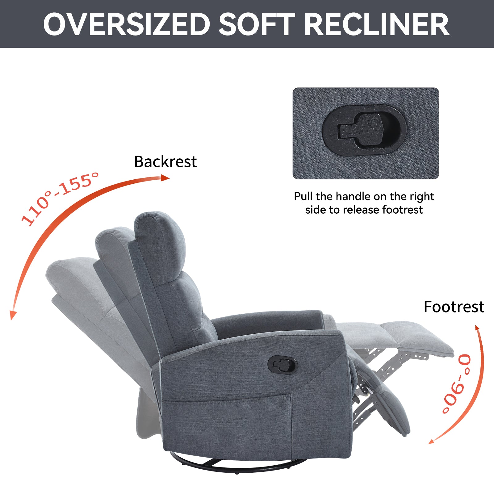 PAPROOS Swivel Rocker Recliner, Fabric 360° Swivel Rocking Recliner with 2 Side Pockets, Glider Rocking Chair for Baby Nursery, Manual Recliner for Adults for Home Theater Living Room