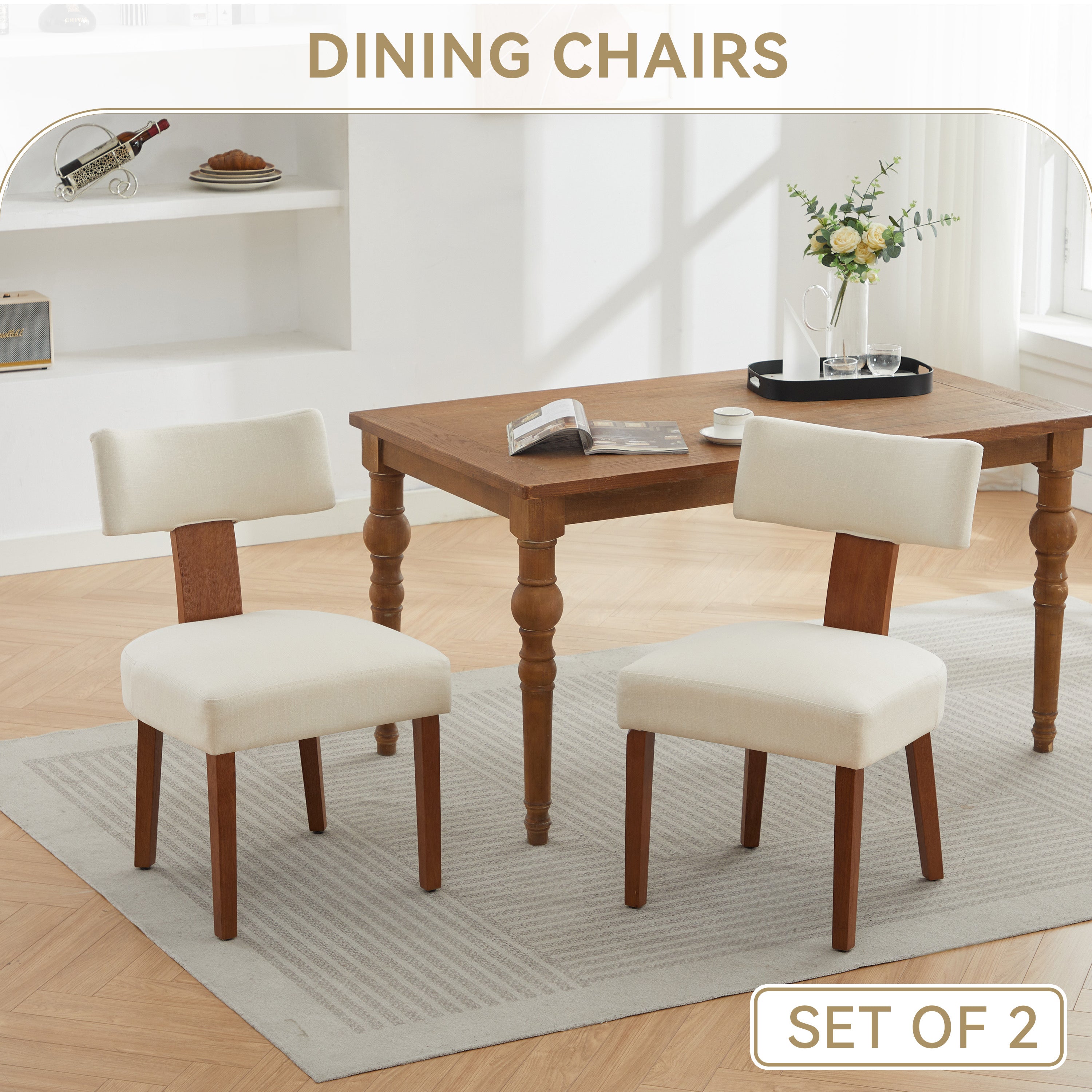 Dining Chairs Set of 2, Paproos Linen Upholstered Dining Chairs, Modern Accent Chair Side Chair with Curved Backrest and Adjustable Foot, Dining Room Chairs for Kitchen Dining Living Room