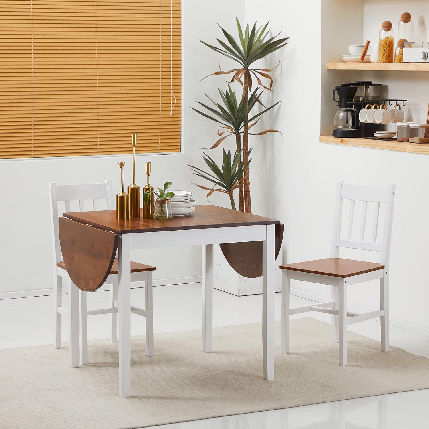 paproos 3-Piece Dining Table Set with Drop Leaf and 2 Chairs, LJC