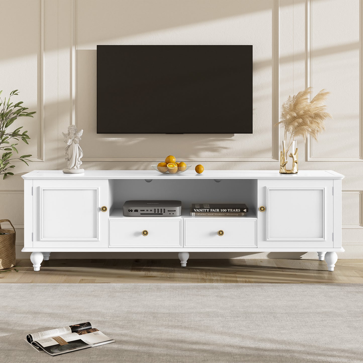 PAPROOS White TV Stand for TVS up to 80", Two-tone TV Console Table with Drawers and Storage Shelves, Modern TV Cabinet Entertainment Center, Functional TV Stand for Living Room, Lounge Room