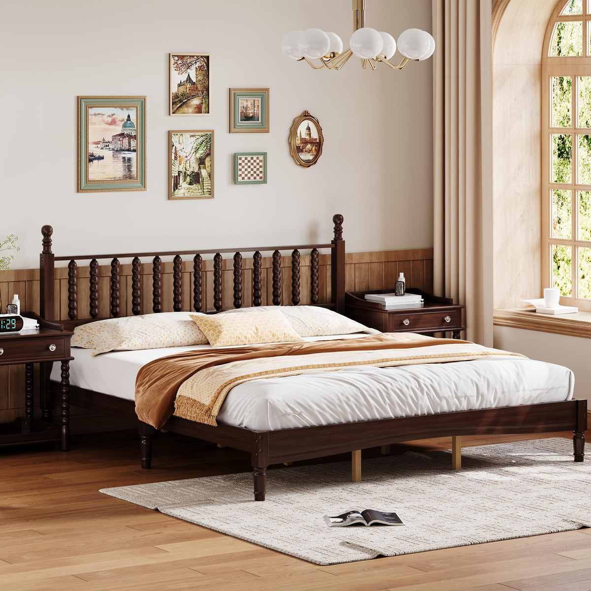 PAPROOS Queen Bed Frame with Spindle Headboard