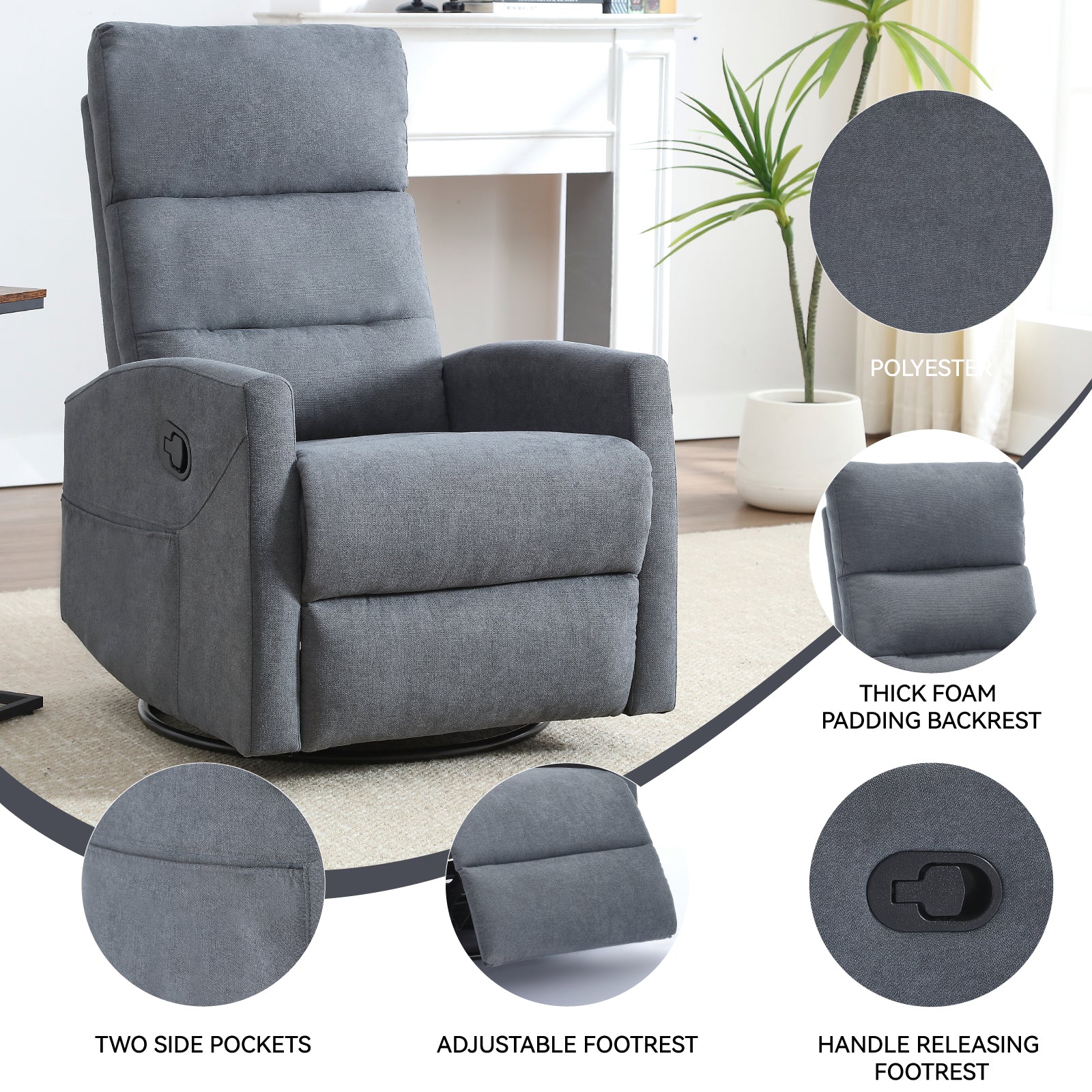 PAPROOS Swivel Rocker Recliner, Fabric 360° Swivel Rocking Recliner with 2 Side Pockets, Glider Rocking Chair for Baby Nursery, Manual Recliner for Adults for Home Theater Living Room