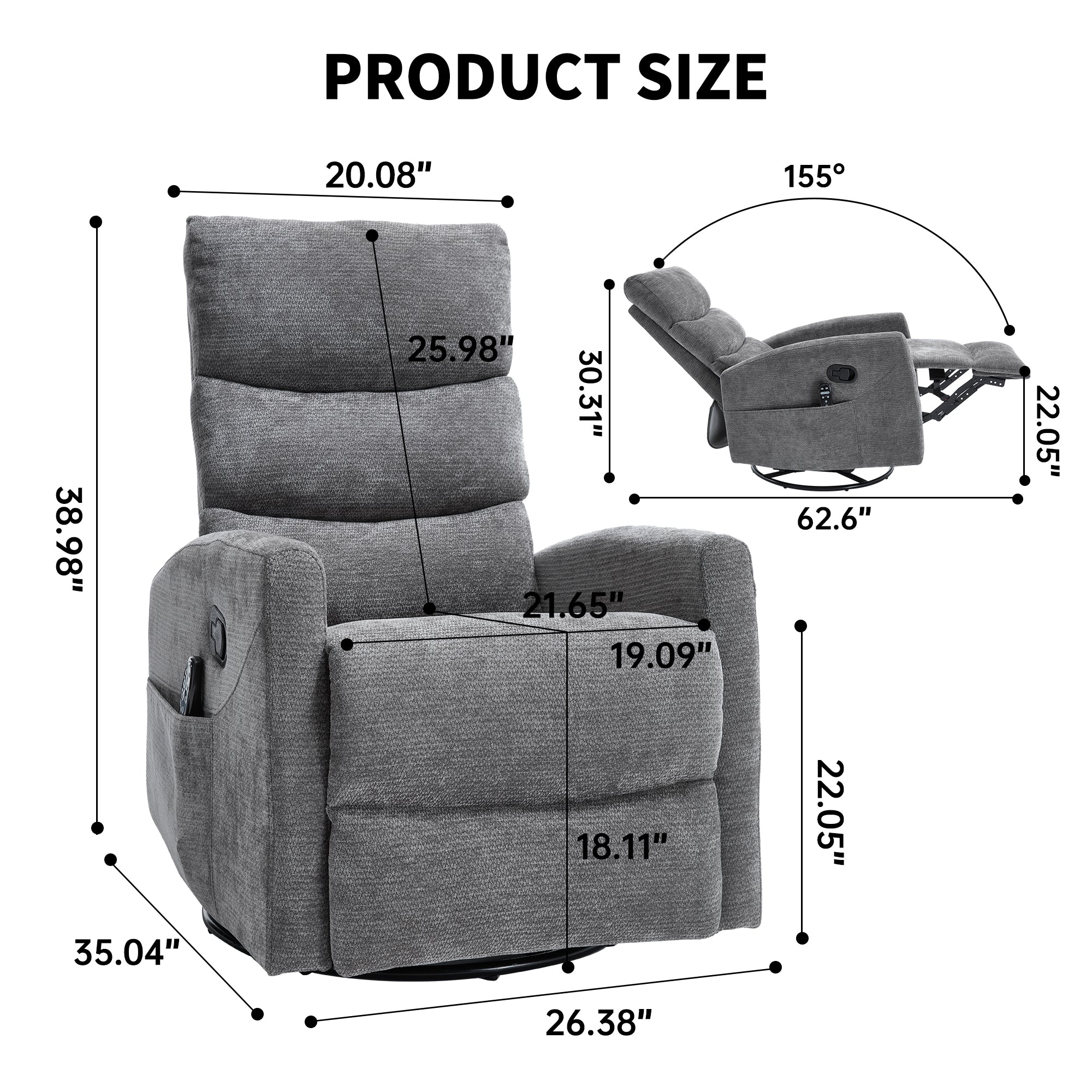 PAPROOS Recliner Chair with Massage and Heat, Fabric 360° Swivel Rocker Recliner, Rocking Chair for Nursery, Manual Recliner for Adults for Home Theater Living Room