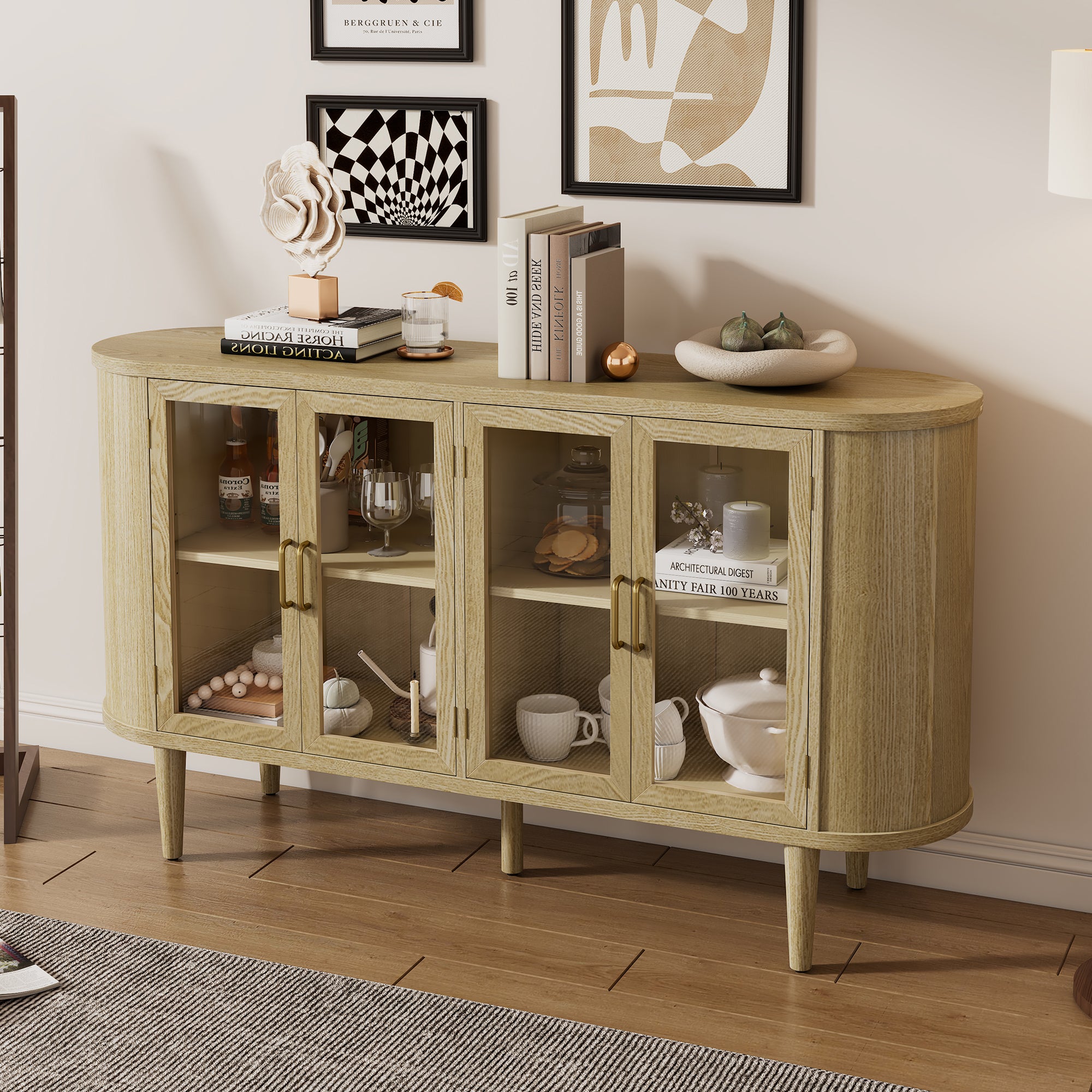 Paproos 60" Buffet Cabinet with Storage, Wooden Sideboard Buffet Cabinet with Glass Doors and Adjustable Shelves, Farmhouse Kitchen Sideboard Cabinet for Living Room, Hallway, Entryway, Natural