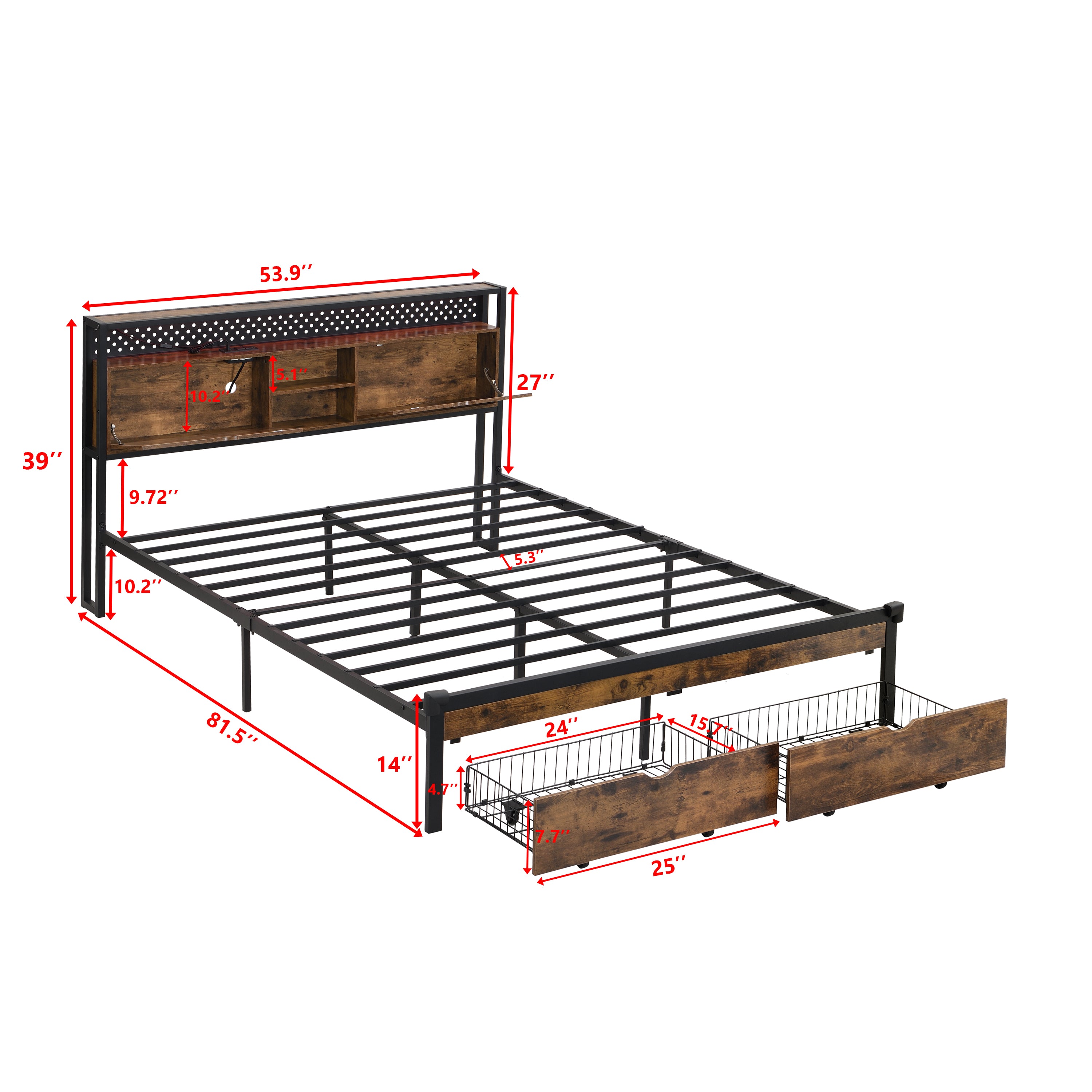 PAPROOS Full Size Bed Frame, Metal Platform Bed with Upholstered Storage Headboard, 2 drawers, Charging Station, Full Bed Frame with Metal Slats