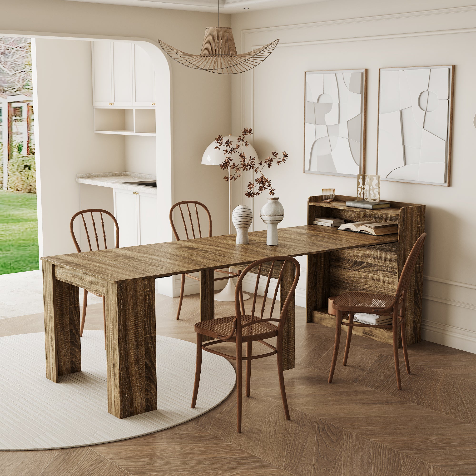 PAPROOS Extendable Dining Table for 6-10, 20" -100"Expandable Rectangle&nbsp;Dining Table with Storage, Folding Space Saving Kitchen Table, Extra Long Dining Room Table, Sideboard, Walnut(Only Table)