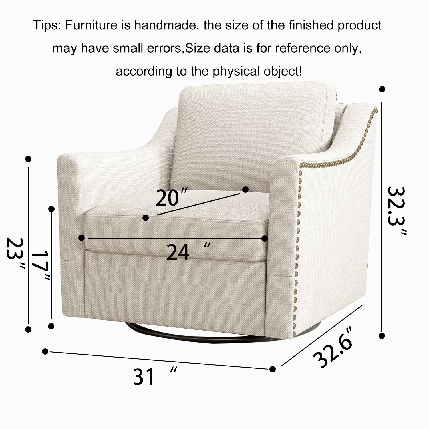 Swivel Accent Chair, Paproos Linen Upholstered Armchair, 31’’Wide 360 Degree Swivel Acccent Chair with Cushions & Nailhead Trim , Swivel Reading Chair Comfy Club Sofa Chair for Living Room Bedroom, Beige