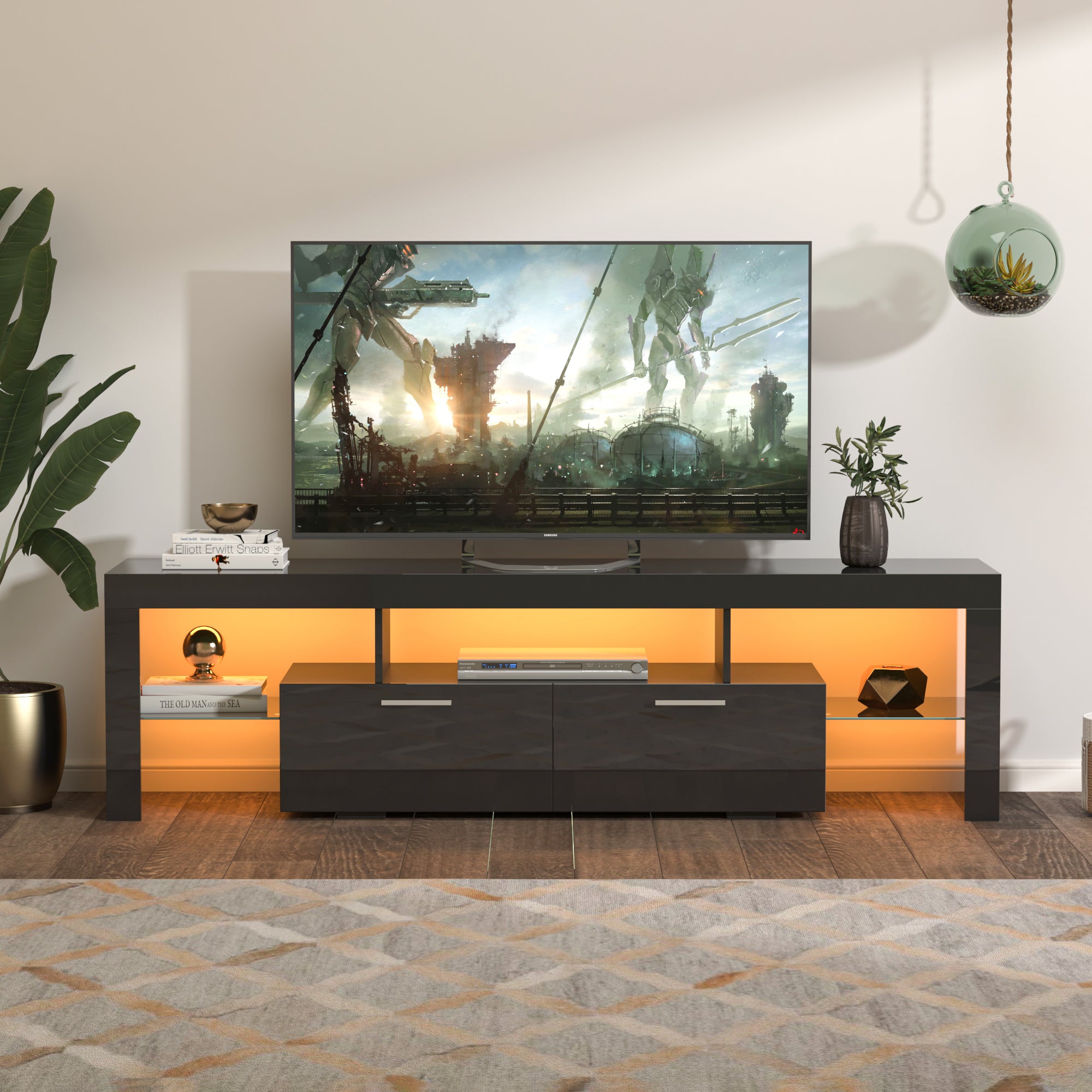 PAPROOS TV Stand with LED Lights, High Gloss TV Cabinet with Storage Drawer and Media Shelves, Modern Entertainment Center TV Console Table for 32-70 Inch TVs