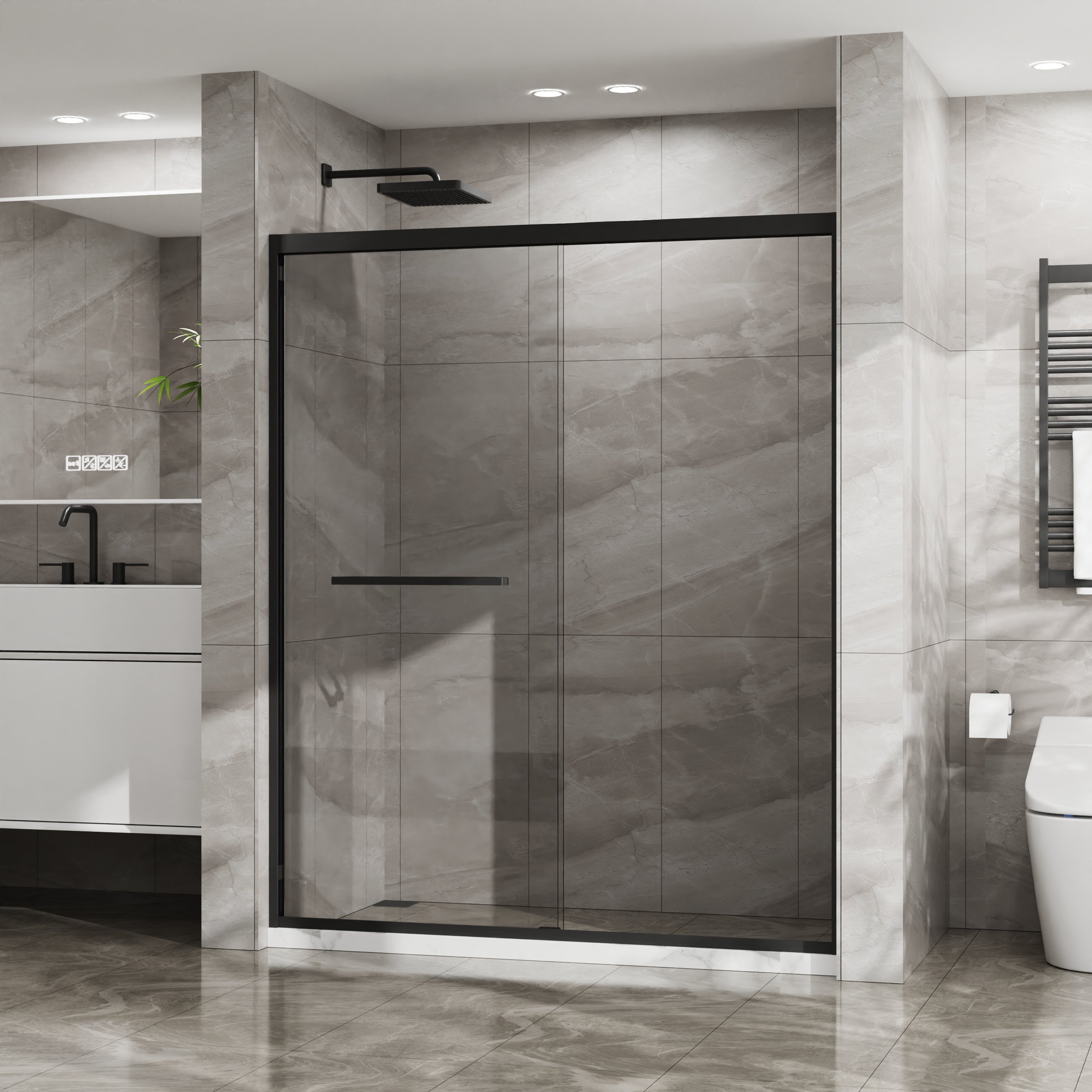 PAPROOS 56” - 60” W X 58” H Sliding Shower Door, 1/4" (6mm) Clear Tempered Glass Double Bathtub Door, Aluminum Frame, Modern Tub Door with Stainless Steel Handle, SGCC Certified, Matte Black