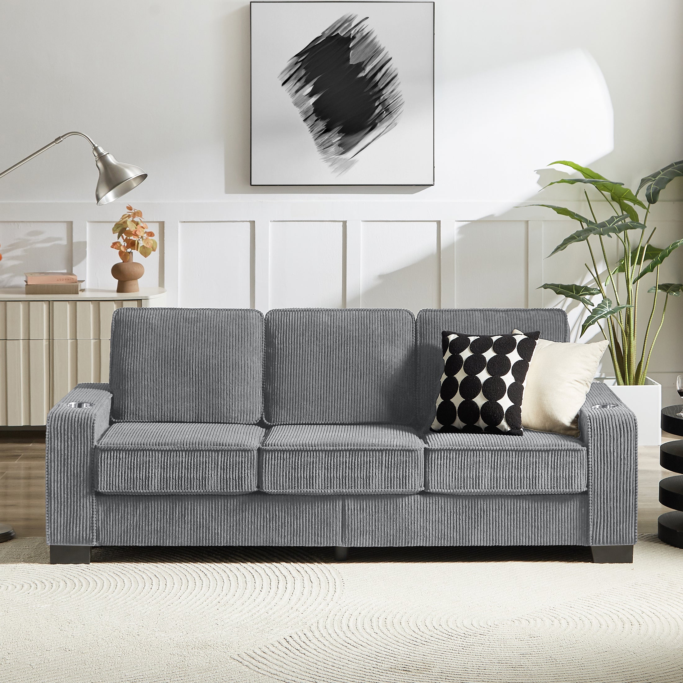 PAPROOS 3-seater Sofa for Living Room, Modern Corduroy Compressed Couch with Cup Holders, Apartments Sofa with Removable Back Cushion, Easy Assembly, Home Sofa Living Room， Gray
