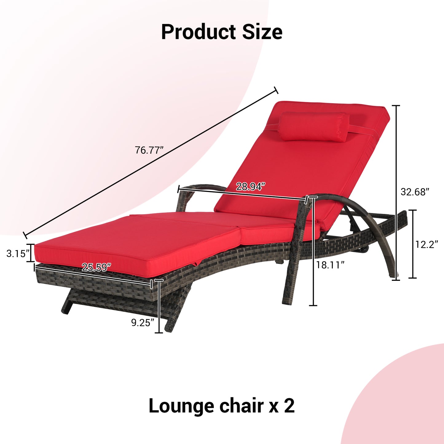 Outdoor Chaise Lounge Chair Set of 2, Rattan Patio Chaise Lounge Chair with Cushion and Arms, Modern 5-Positions Adjustable Outdoor Lounger Recliner for Poolside, Garden, Backyard, Light Gray