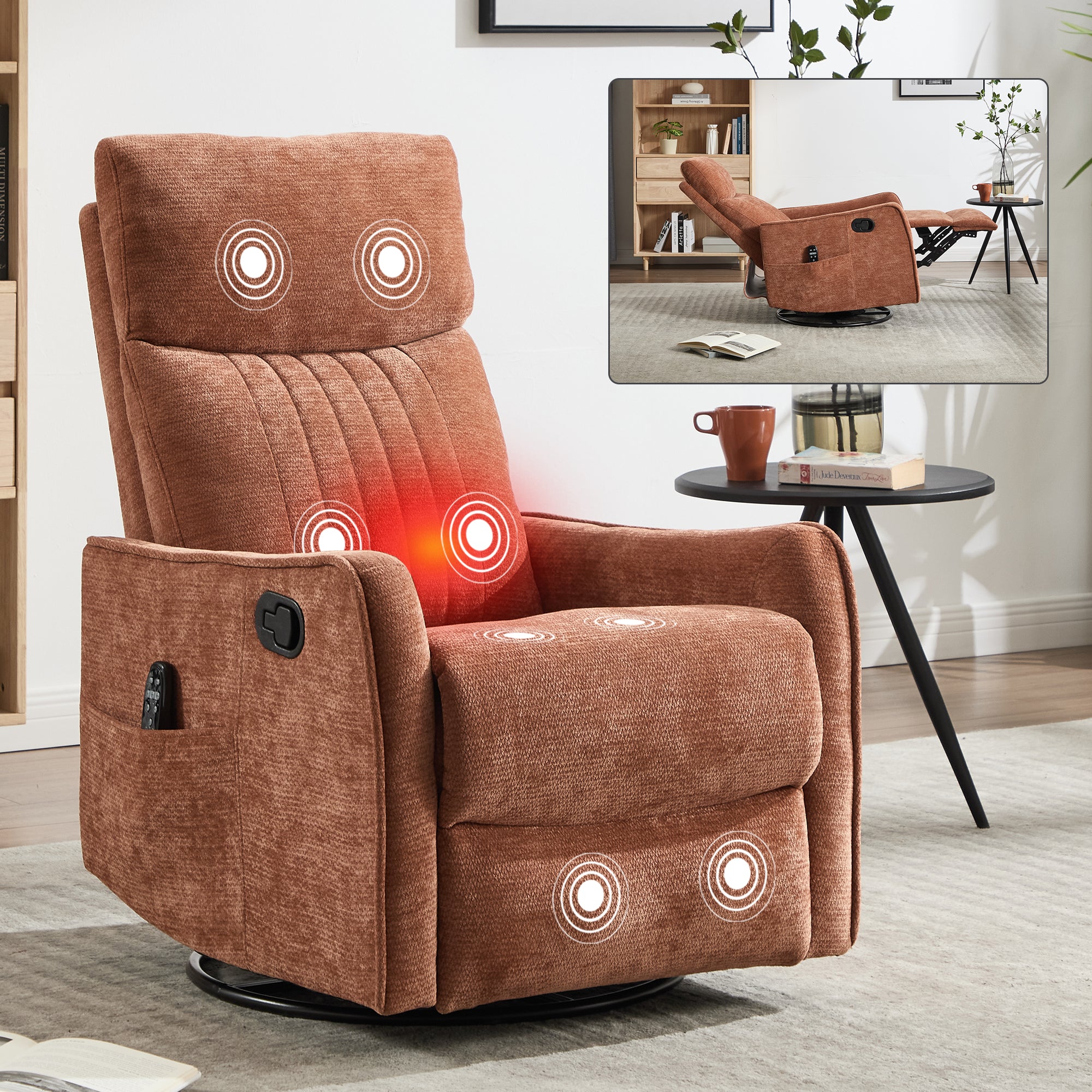 PAPROOS Recliner Chair with Massage and Heat, Fabric 360° Swivel Rocker Recliner, Rocking Chair for Nursery, Manual Recliner for Adults for Home Theater Living Room