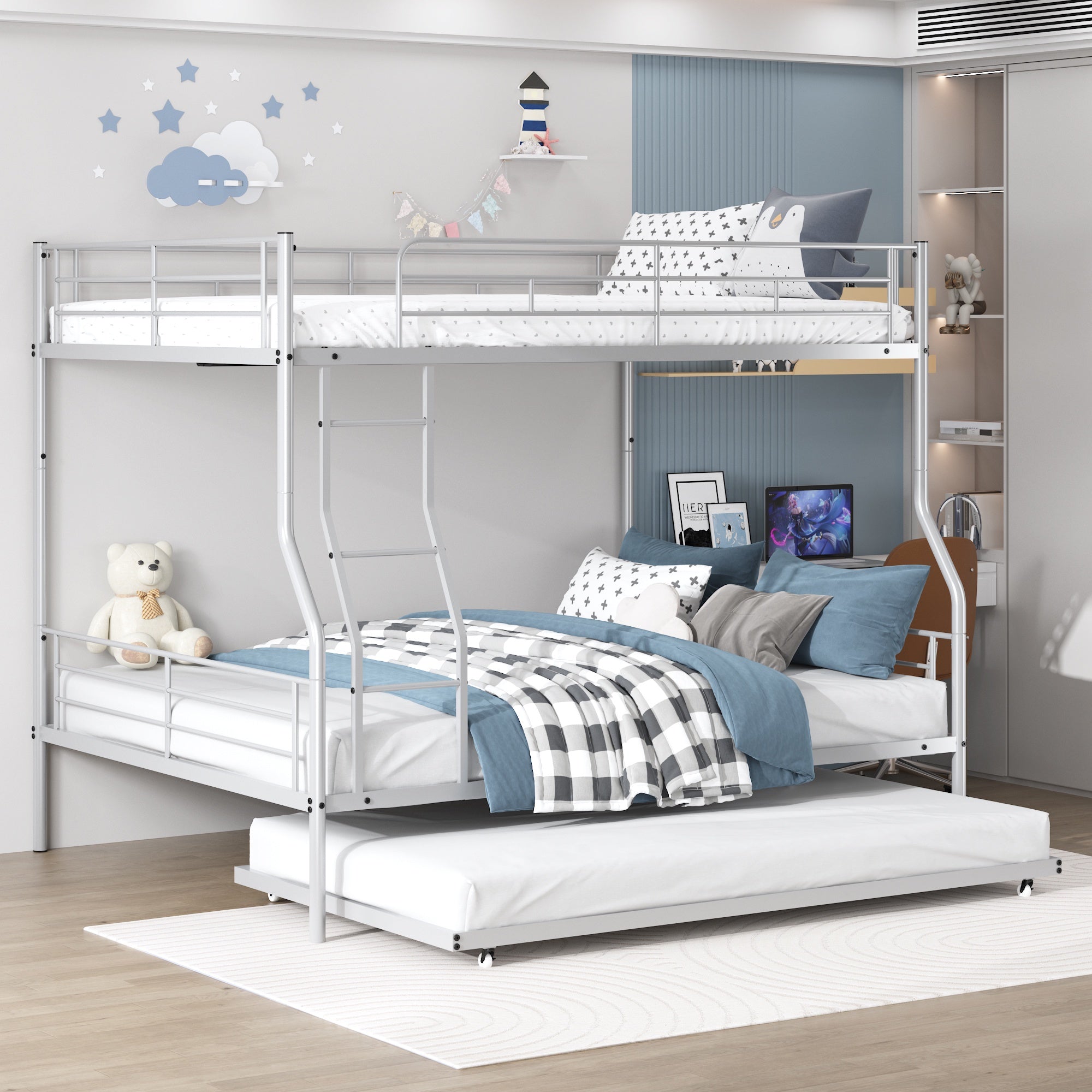 Paproos Full Over Full Bunk Bed with Trundle, Convertible Metal Platform Bed with Ladder and Full-Length Guardrail, Black