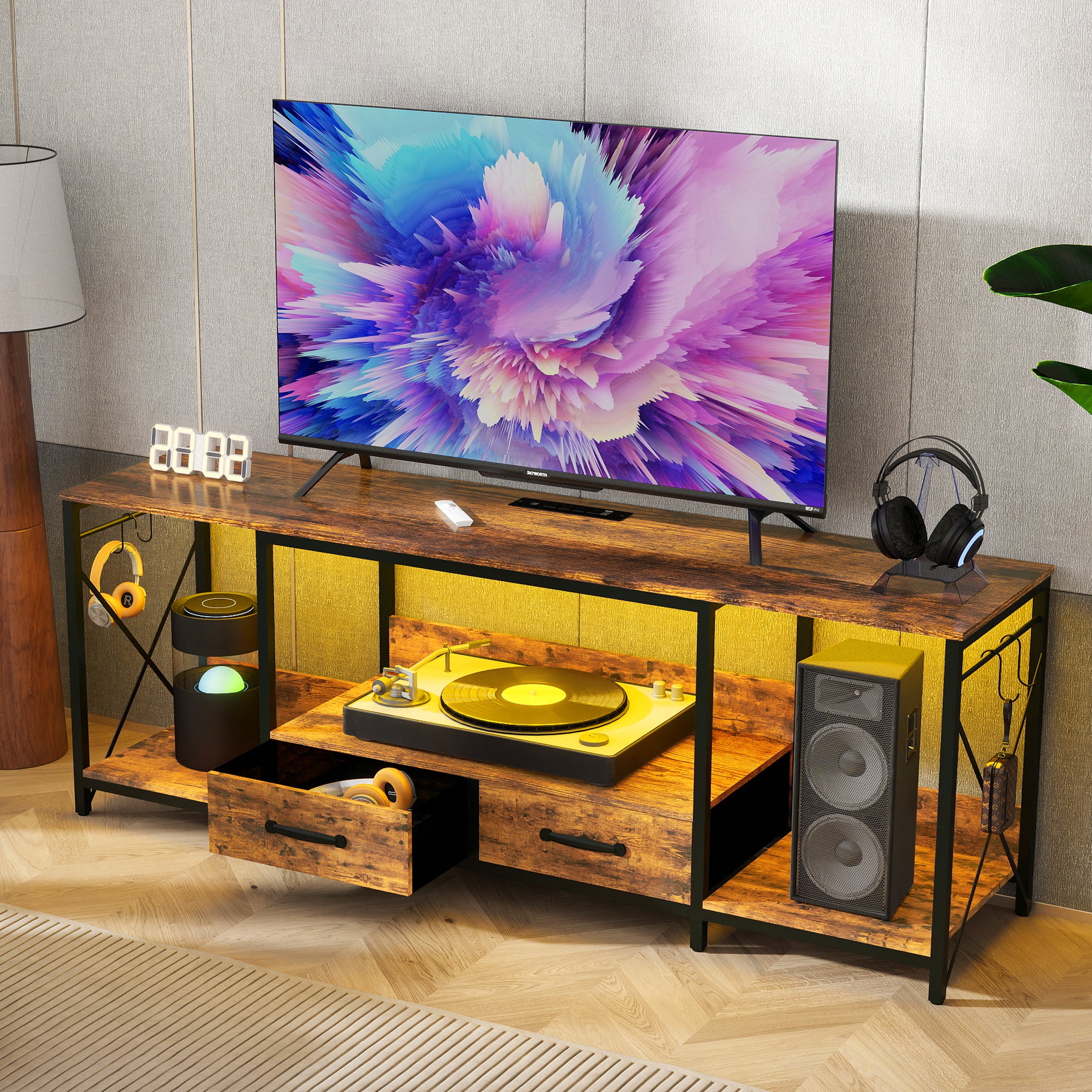 PAPROOS LED TV Stand for 55 Inch TV, Entertainment Center with Power Outlets, TV Cabinet with 2 Open Storage Shelves and Metal Frame, Media Console Table for Living Room, Office