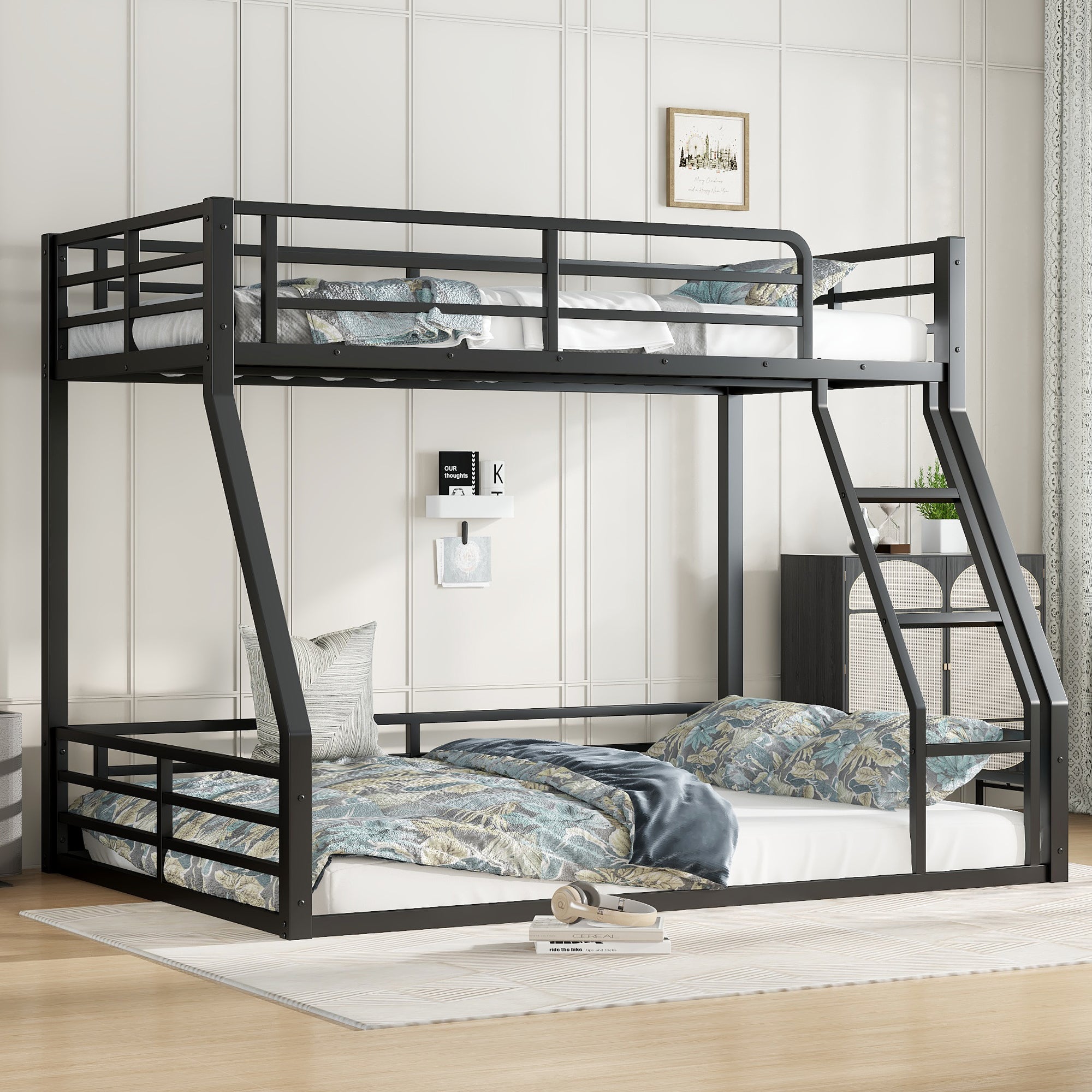 PAPROOS Bunk Bed Twin Over Full, Bunk Bed for Kids with Drawers, Ladder, Guard Rails, USB Charging Station, Metal Bunk Bed Frame for Teens Adults for Bedroom Dorm Room,No Box Spring Needed, Black
