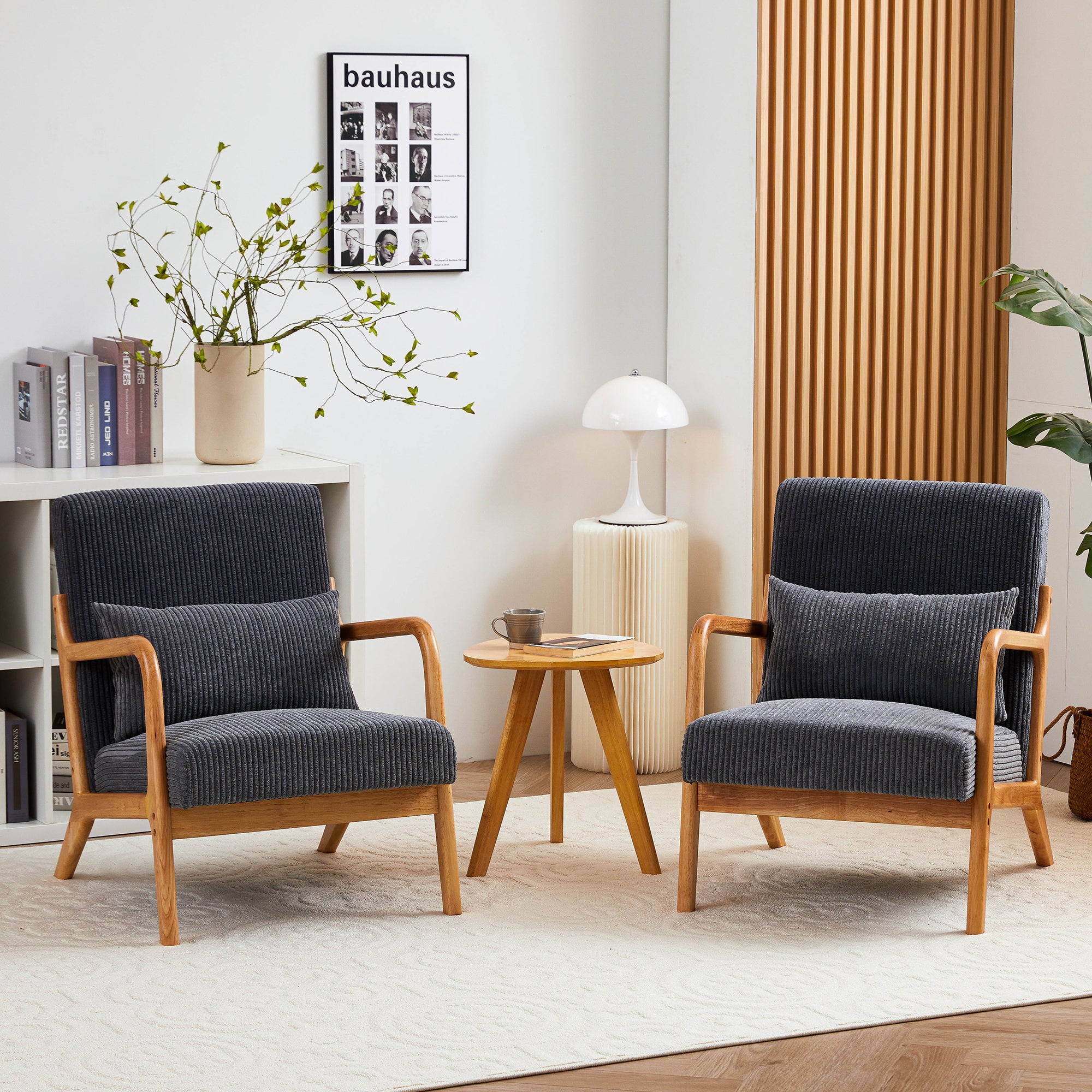 PAPROOS Accent Chair Set of 2, Mid-Century Modern Armchair with Solid Wood Frame and Extra-Thick Backrest, Fabric Upholstered Reading Chair for Living Room Bedroom, Beige