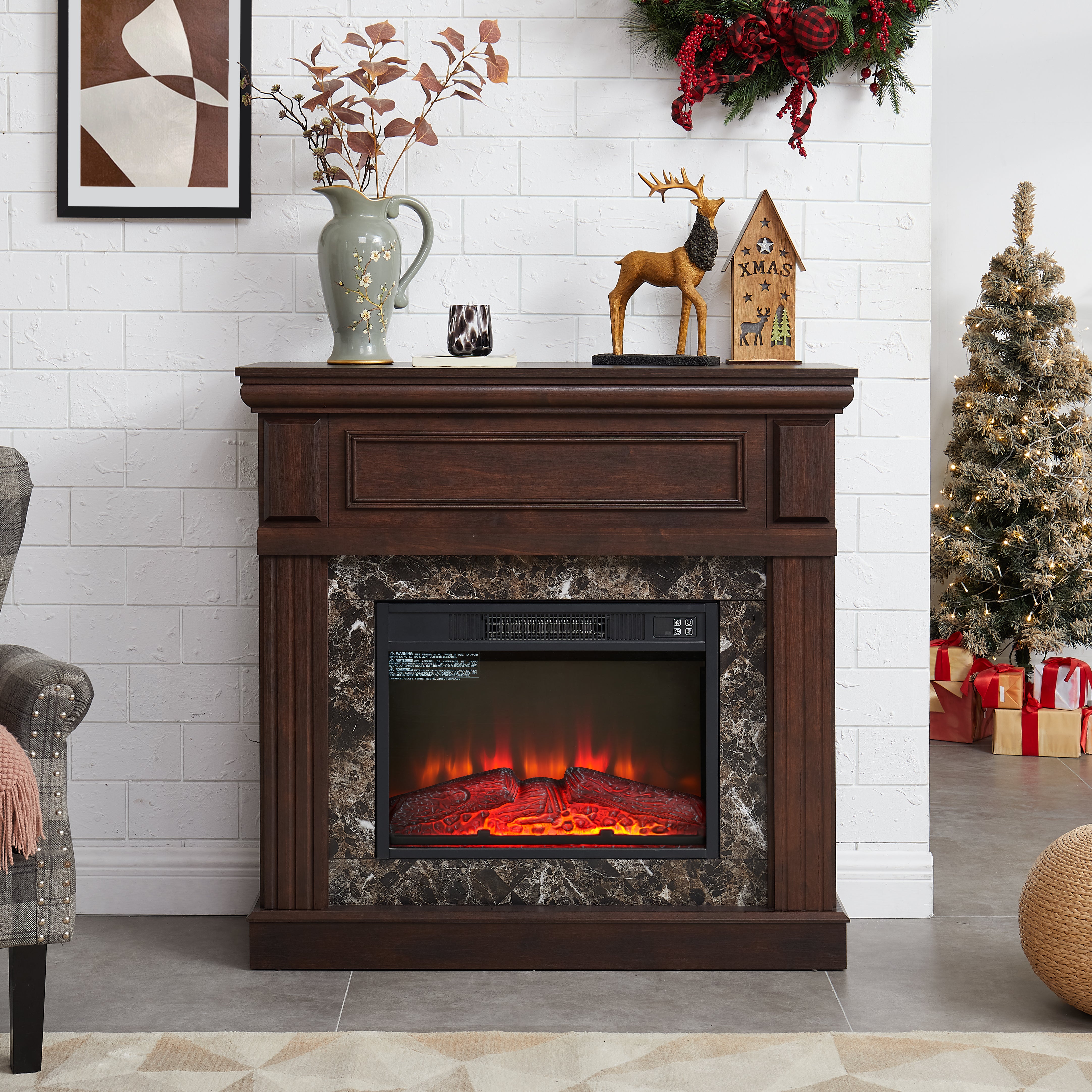 41''W Electric Fireplace with Mantel, 23'' Freestanding Fireplace Heater with Remote Control & Adjustable Flame, TV Stand for 42 inch TV, Living Room Bedroom, 1400W