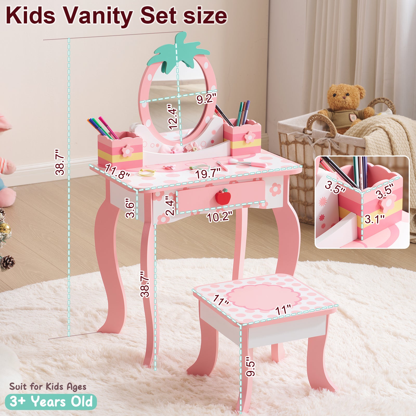 Paproos Kids Vanity Set with Mirror, Wood Pretend Play Princess Makeup Vanity Table and Chair with Drawer, Toddler Dressing Table with Apple Design, Cute Makeup Desk Set for Little Girls 3+, Pink