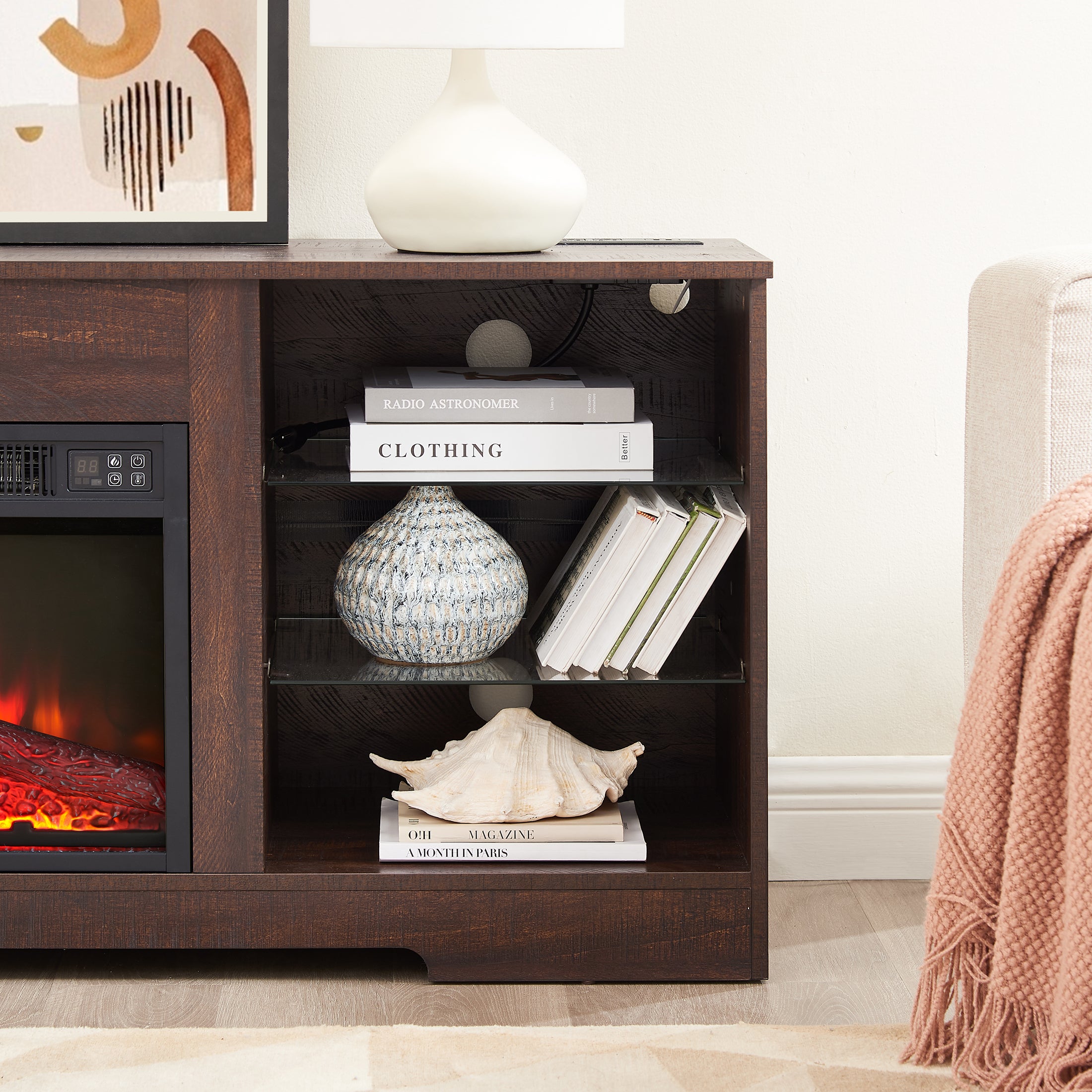 PAPROOS Fireplace TV Stand for 60" TV, Modern Entertainment Center with LED Light, Glass Shelves, 18" Fireplace, Charging Station, Wood Media Console TV Cabinet for Living Room, Espresso