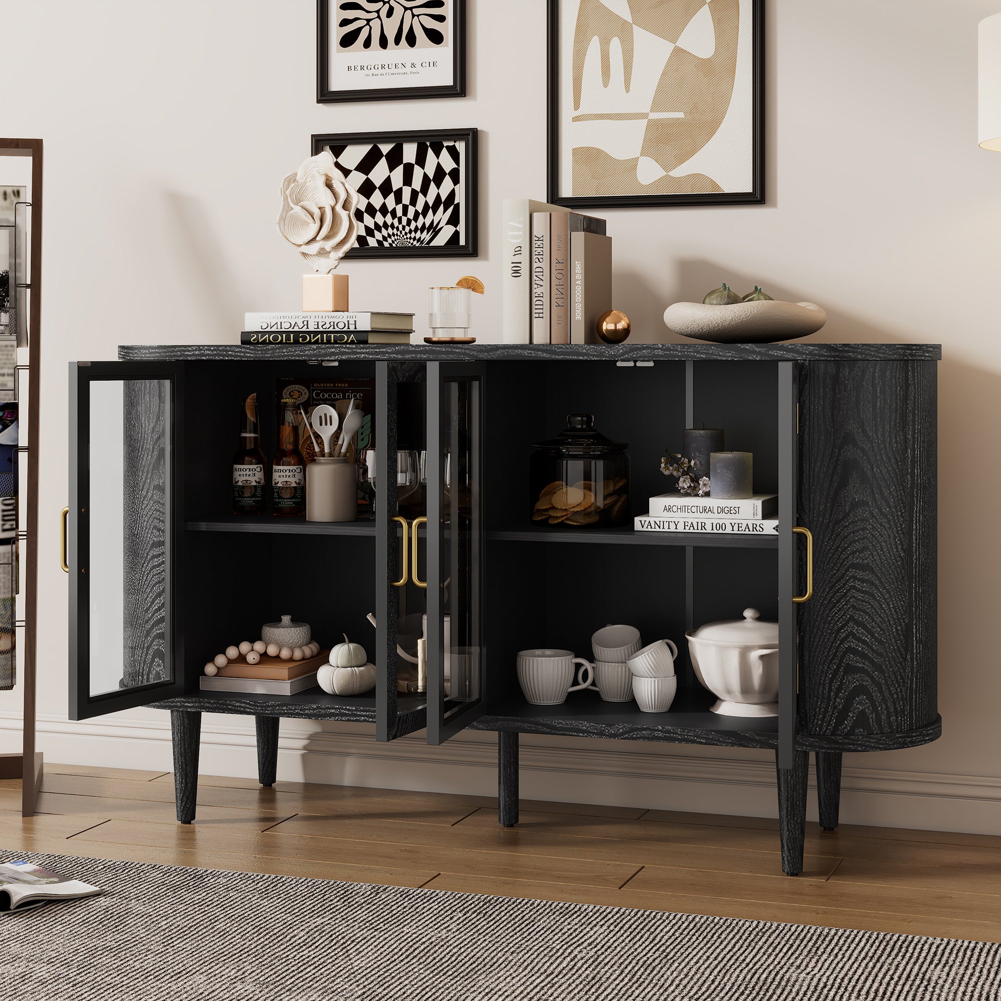 Paproos 60" Buffet Cabinet with Storage, Wooden Sideboard Buffet Cabinet with Glass Doors and Adjustable Shelves, Farmhouse Kitchen Sideboard Cabinet for Living Room, Hallway, Entryway, Natural