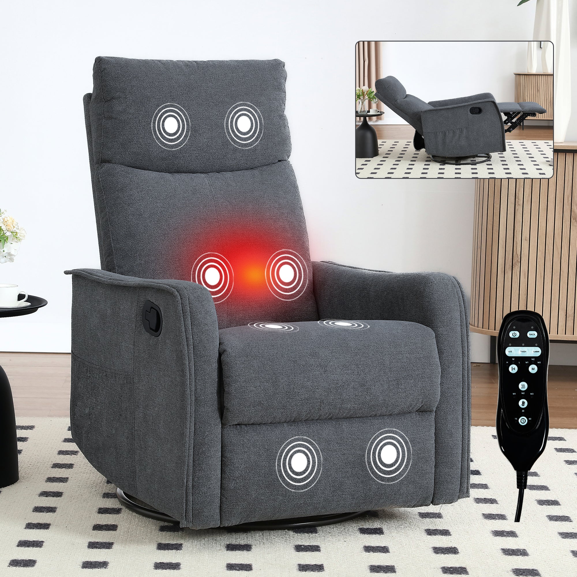 PAPROOS Heat Massage Recliner Chair, 360°Swivel Rocker Recliner Chair, Home Theater Recliner with 2 Side Pockets, Push Back Recliner, Nursery Chair for Bedroom, Living Room