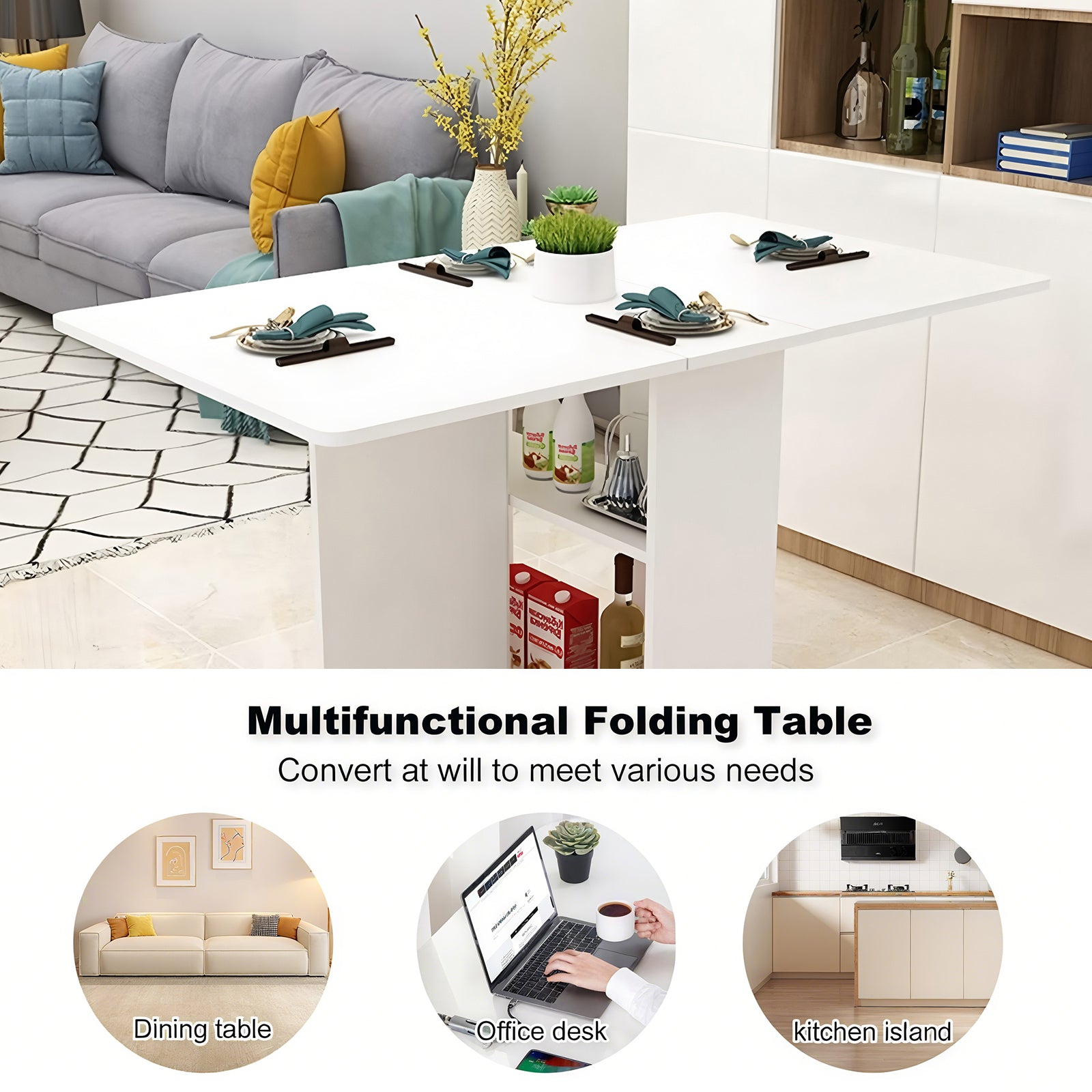 PAPROOS Folding Dining Table, 47'' Drop Leaf Dining Table with Storage Shelves & Wheels, Space Saving Kitchen Table with Marble-color, Expandable Dining Room Table, White