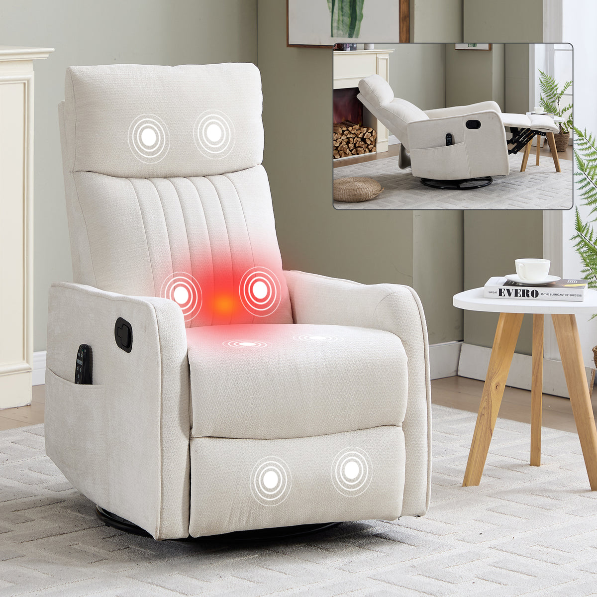 PAPROOS Recliner Chair with Massage and Heat, Fabric 360° Swivel Rocker Recliner, Rocking Chair for Nursery, Manual Recliner for Adults for Home Theater Living Room