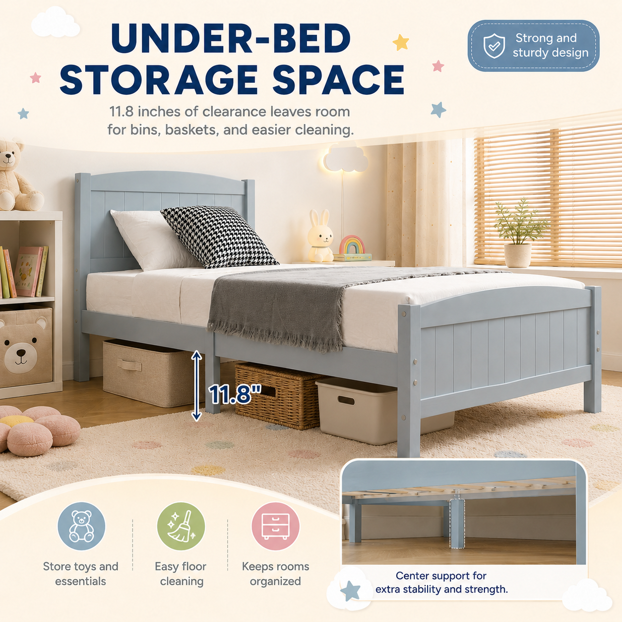 Twin Bed Frame, PAPROOS Wooden Platform Bed Frame with Headboard and Footboard, Twin Size Bed Frame with Underbed Storage, 330lbs Capacity, No Box Spring Needed, Grey