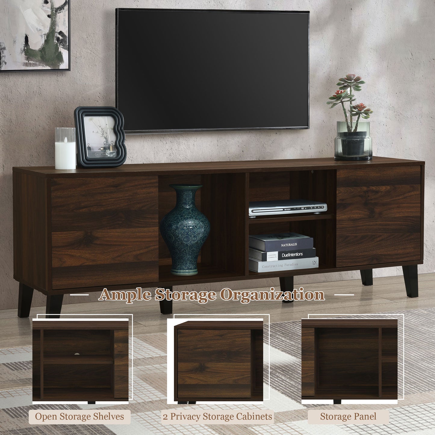 PAPROOS TV Stand for 70 inch tv, Mid Century Entertainment Center with Storage Cabinets, TV Cabinet with Open Shelves, Media Console Table with Doors for Living Room, Office