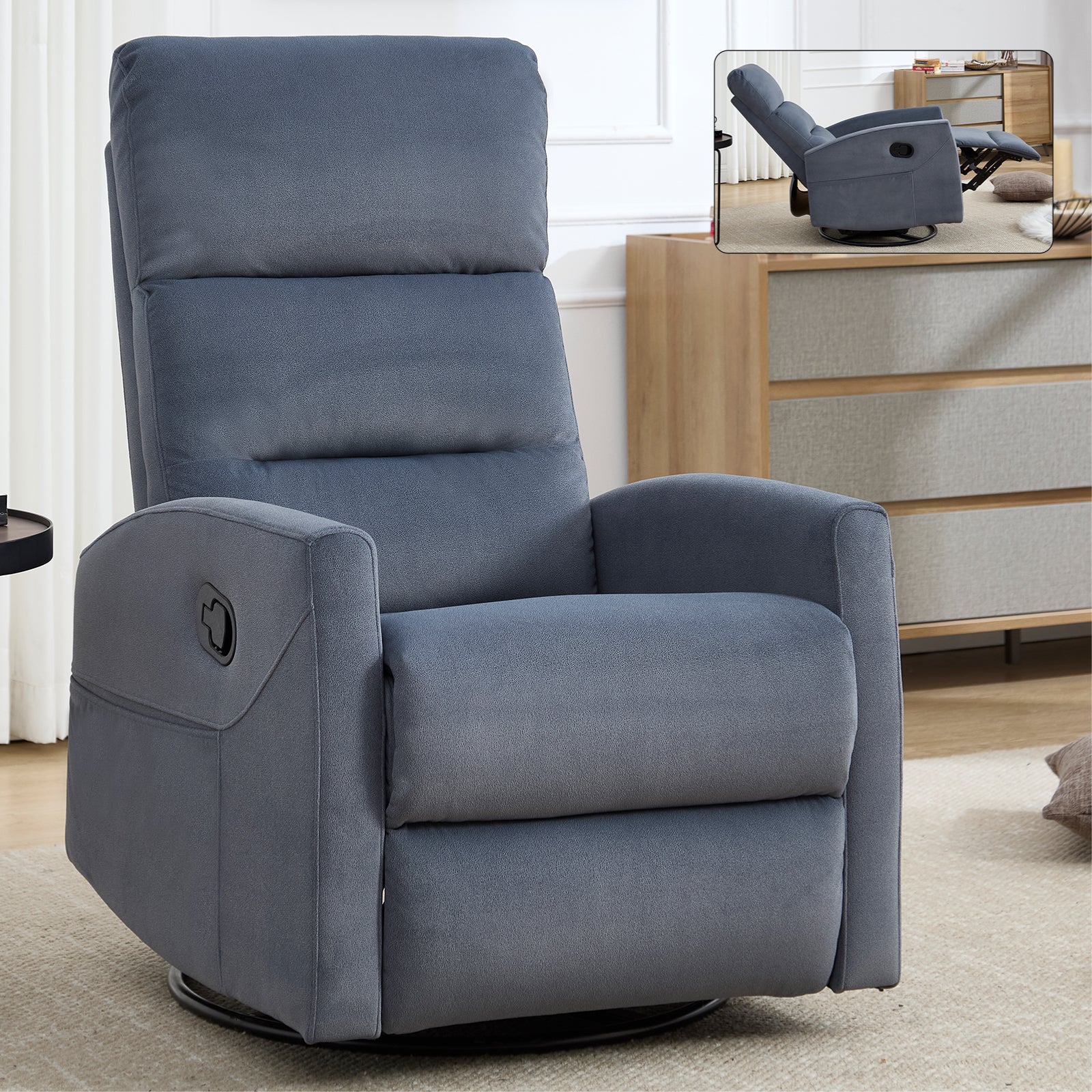 PAPROOS Swivel Rocker Recliner, Fabric 360° Swivel Rocking Recliner with 2 Side Pockets, Glider Rocking Chair for Baby Nursery, Manual Recliner for Adults for Home Theater Living Room