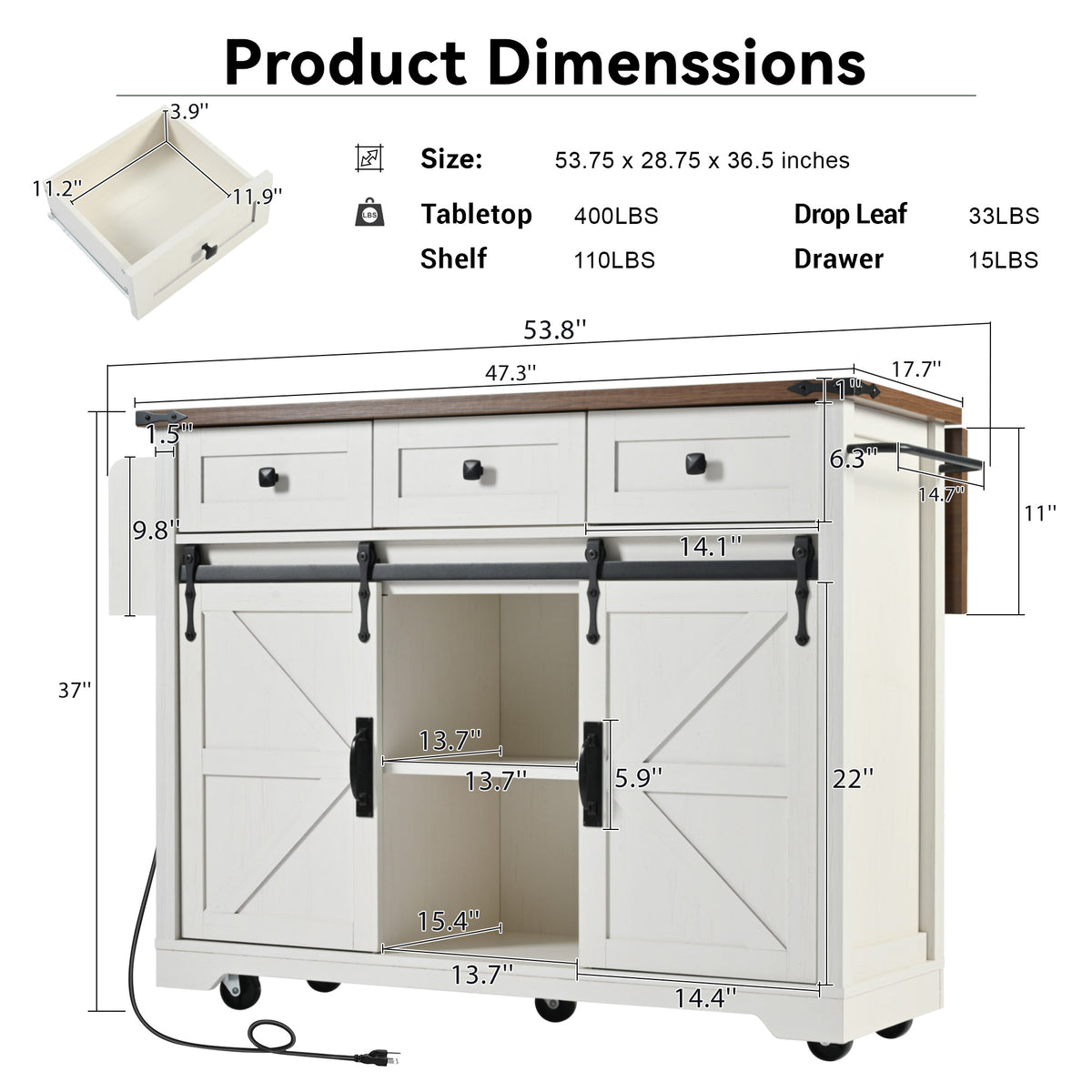 Kitchen Island with Storage, PAPROOS 54" Rolling Kitchen Cart with Drop Leaf, Farmhouse Kitchen Island Cart with Sliding Door, Charging Station, Adjustable Shelf for Kitchen Dining Room