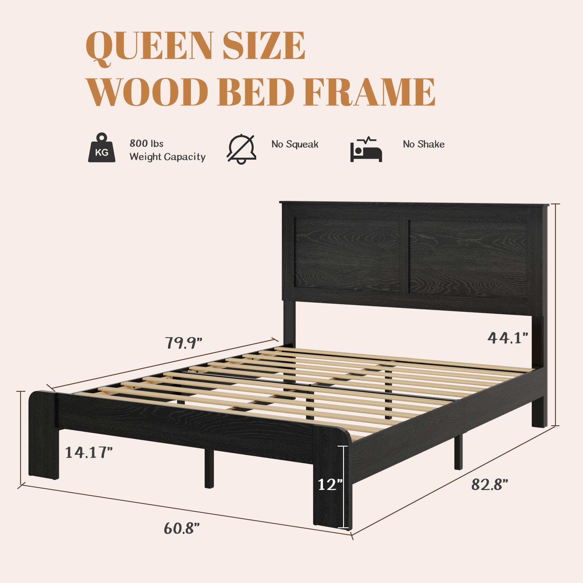 PAPROOS Queen Size Bed Frame, Wooden Queen Bed with Headboard, Modern Farmhouse Platform Bed with Underbed Storage, Queen Wooden Bed Frame, No Box Spring Needed, Black（Mattress Not Included)