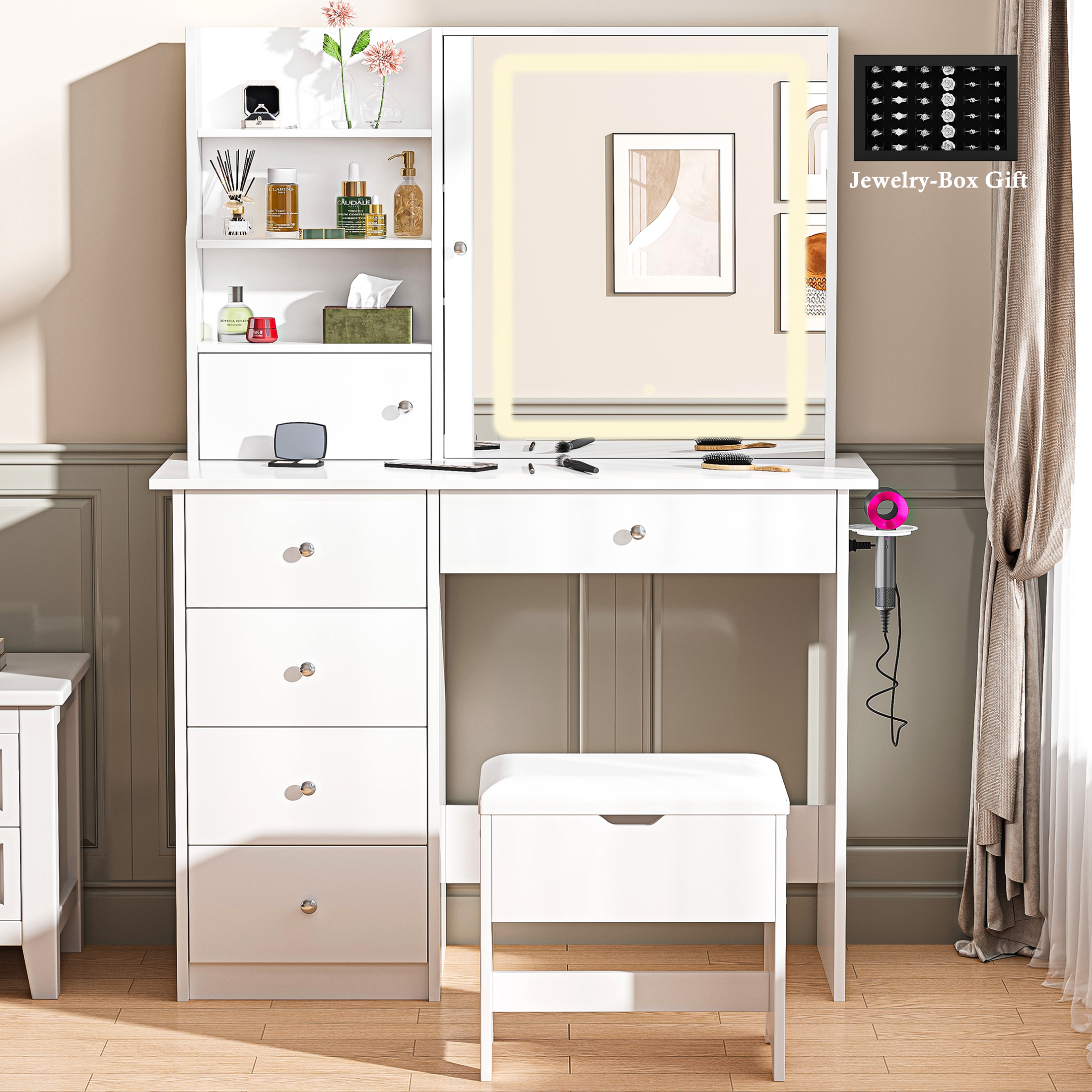 Paproos Vanity Set with Mirror and Stool, Wood Women Girls Makeup Vanity Desk with Charging Station, 3 Color LED Lights, Modern Dressing Table with Drawers, Storage Shelves, Hair Dryer Rack, White