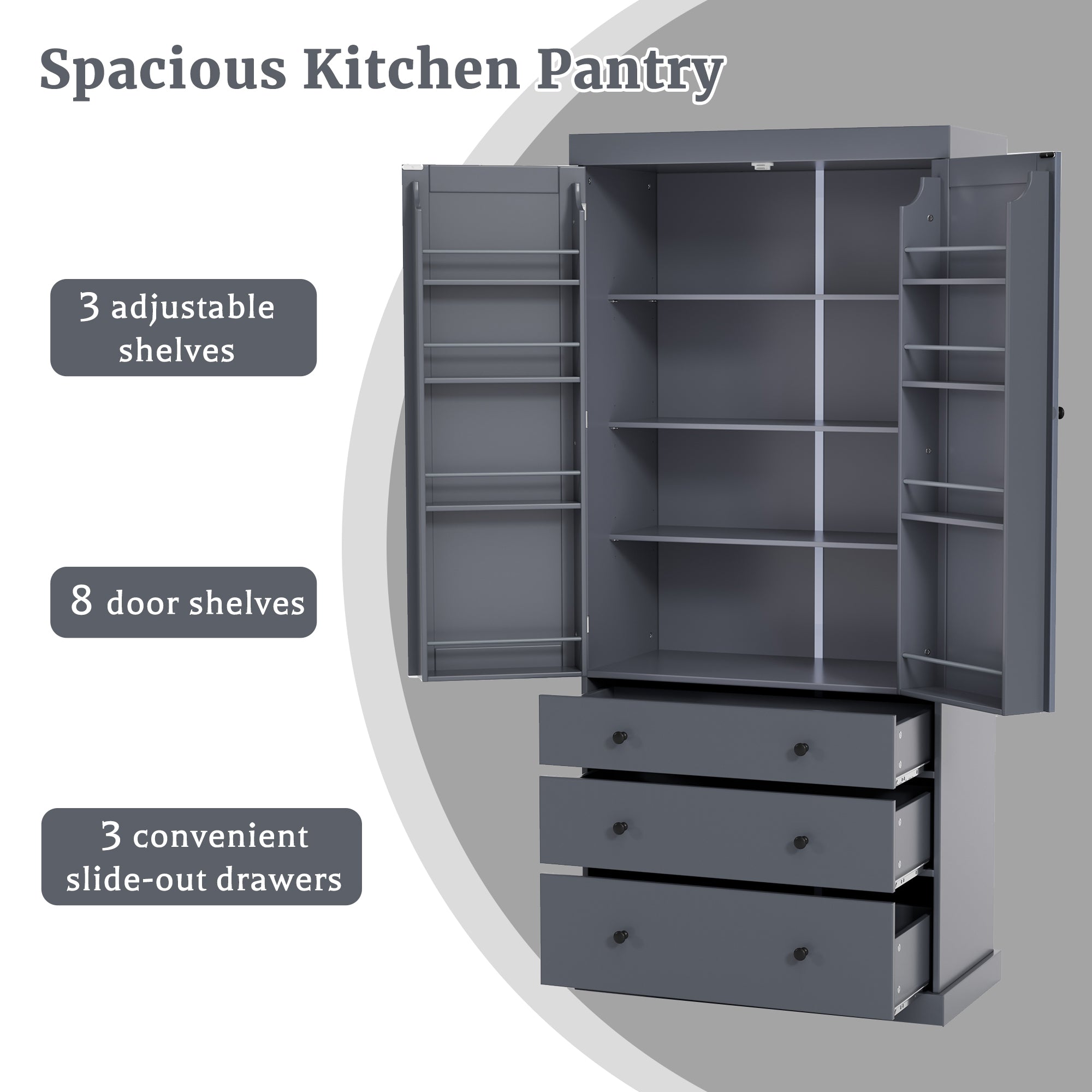 PAPROOS 77" Tall Pantry Cabinet, Wood Kitchen Pantry Storage Cabinet with 3 Drawers, 2 Doors, Farmhouse Cupboard Storage with 3 Adjustable Shelves, 8 Door Shelves for Dining Room, Craft Room, White