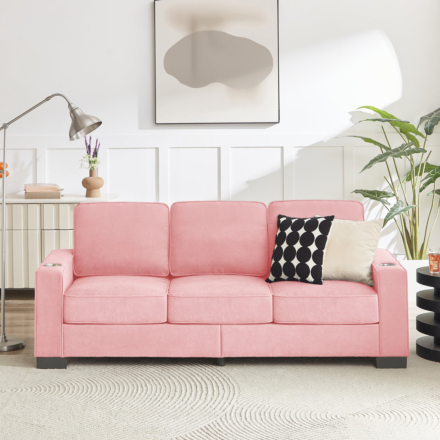 PAPROOS 3-seater Sofa for Living Room, Modern Corduroy Compressed Couch with Cup Holders, Apartments Sofa with Removable Back Cushion, Easy Assembly, Home Sofa Living Room， Gray
