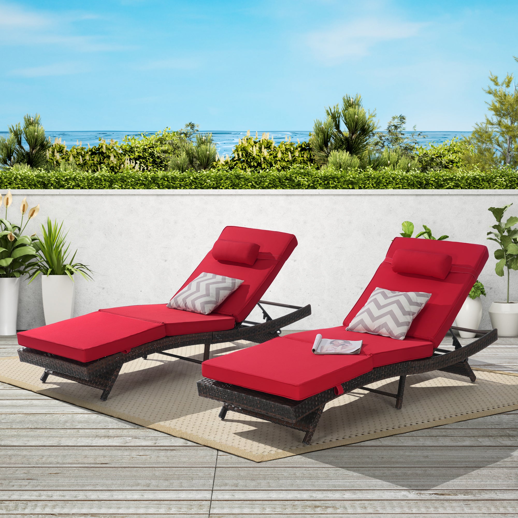 Outdoor Chaise Lounge Chair Set of 2, Wicker Outdoor Lounger Recliner with Cushions and 5-Level Adjustment Backrest, Modern Patio Lounge Chair for Poolside, Garden,
