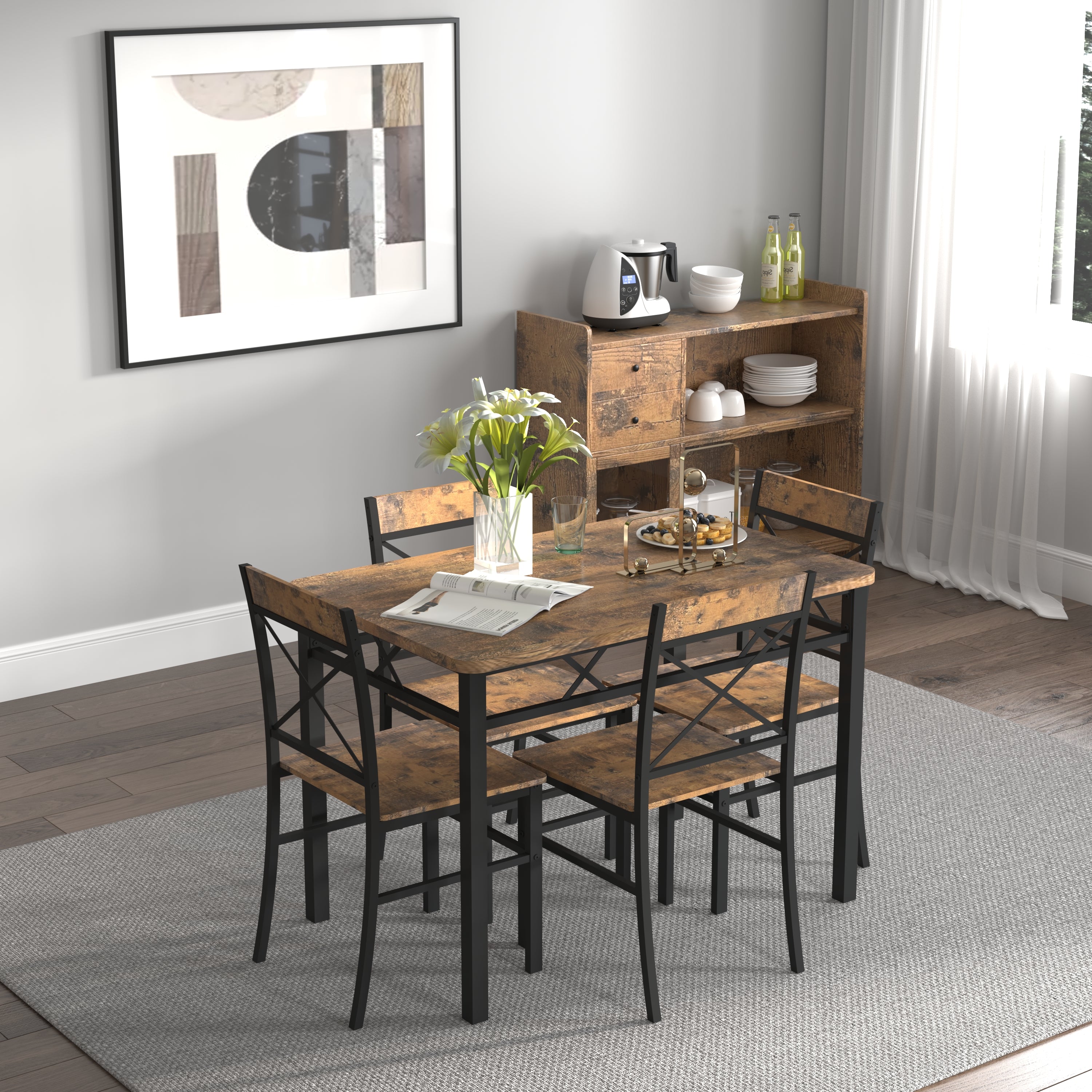 PAPROOS Dining Table Set, 5 Piece Dining Set, 43" Rectangle Kitchen Table and 4 Chairs, Modern Industrial Dining Table for Breakfast Nook, Kitchen Dining Room, Rustic Brown