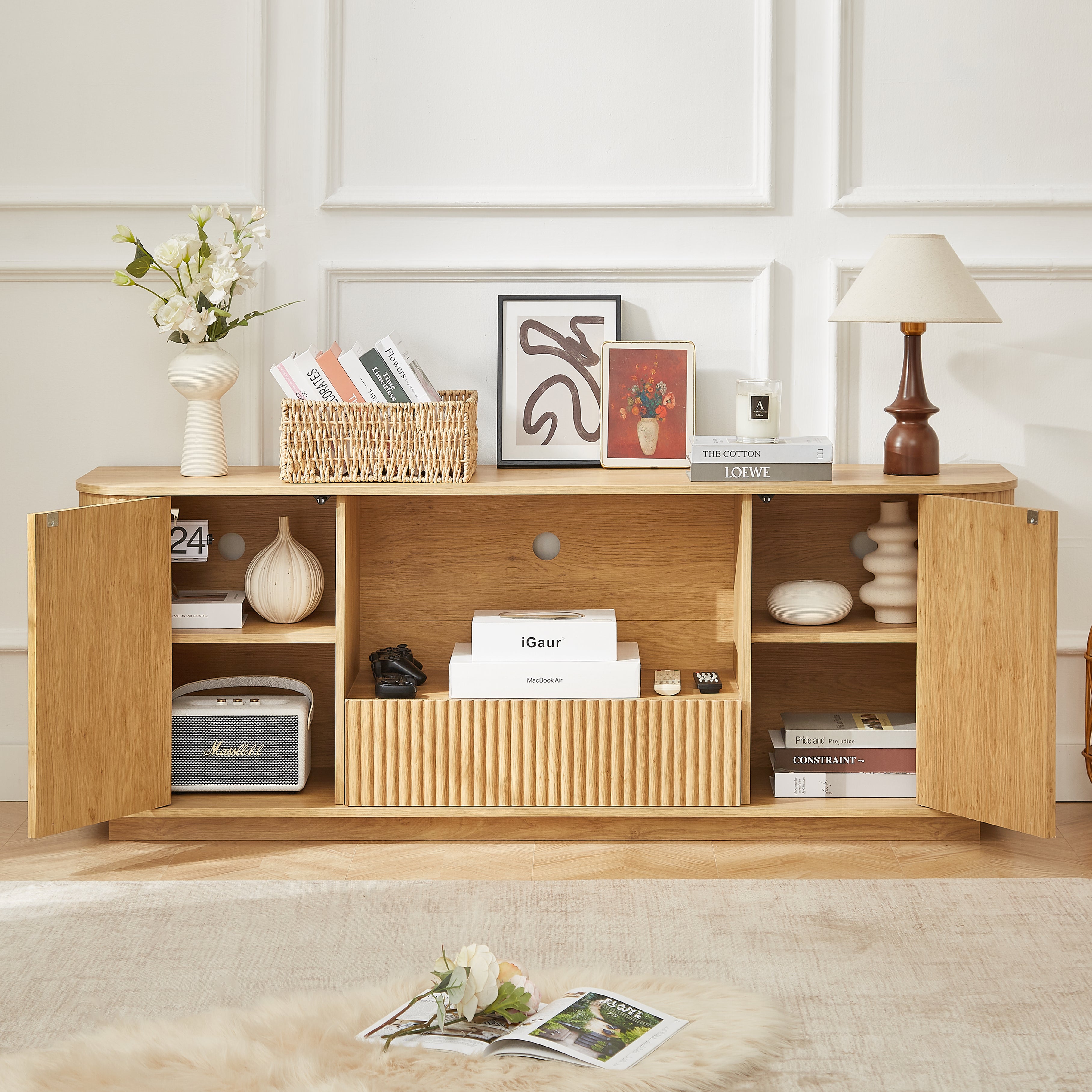 PAPROOS 2-Pieces TV Stand for 70 Inch TV, 64" Entertainment Center with Storage Cabinet, Fluted Sideboard, Accent Cabinet with 1 Drawer and 2 Doors for Kitchen, Dining Living Room
