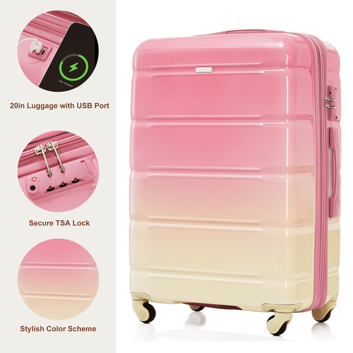 PAPROOS 3-Piece Luggage Set (20''/24''/28''), Hardshell Lightweight Suitcase with USB Port and Side Hooks, Travel Luggage with TSA-Lock, Hardside Rolling Luggage for School, Travel